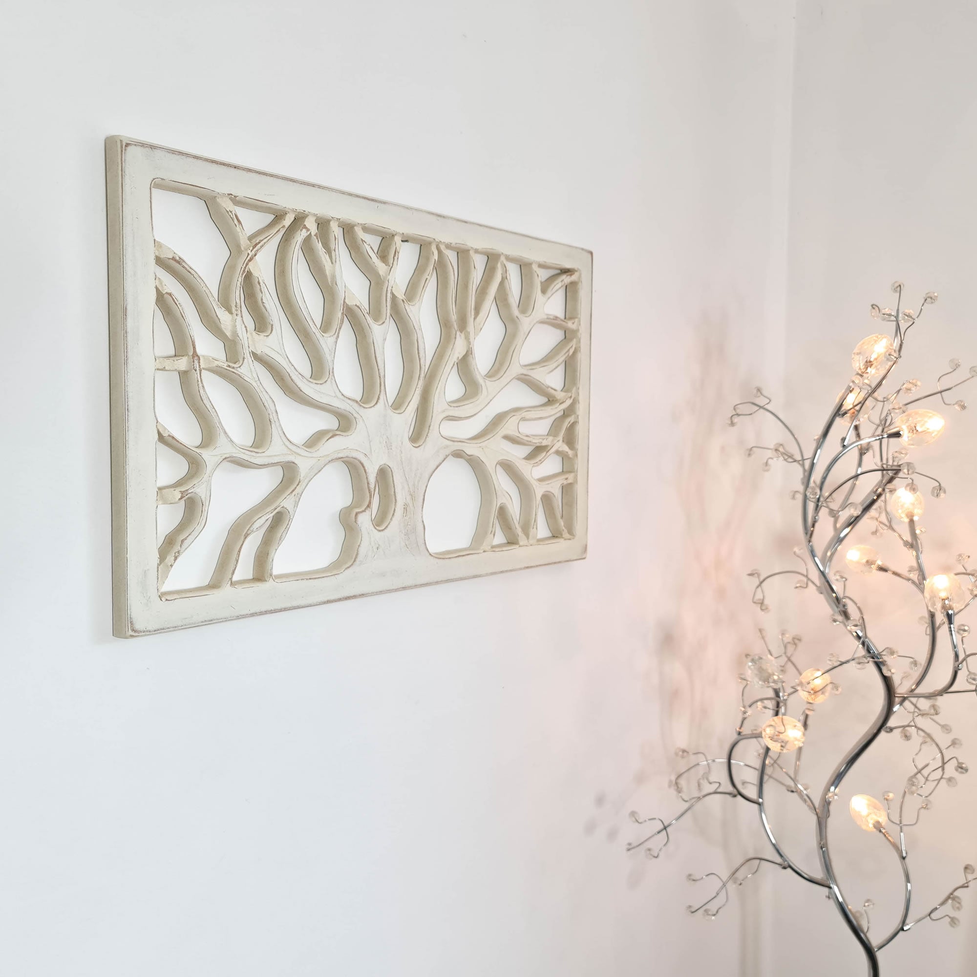Hand Carved Shabby Chic Wooden Tree of Life Wall Art - Decorative Distressed White