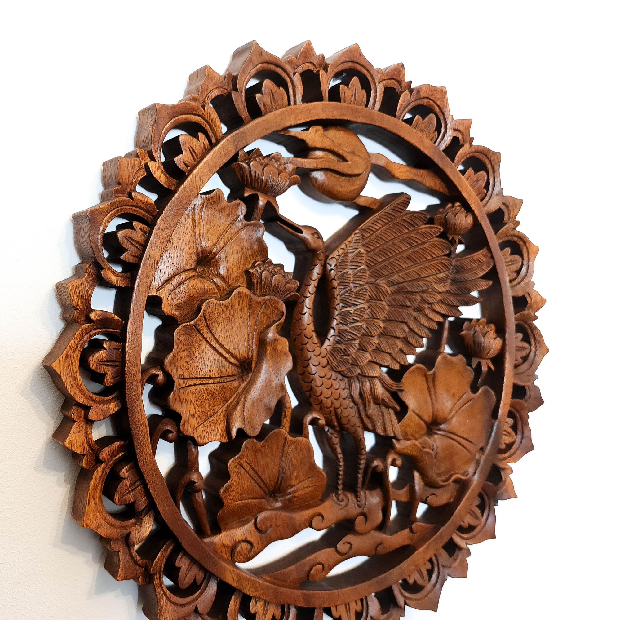 Dancing Crane Bird Carved Wooden Hand Carved Decorative Panel Sculpture Nature - Easternada