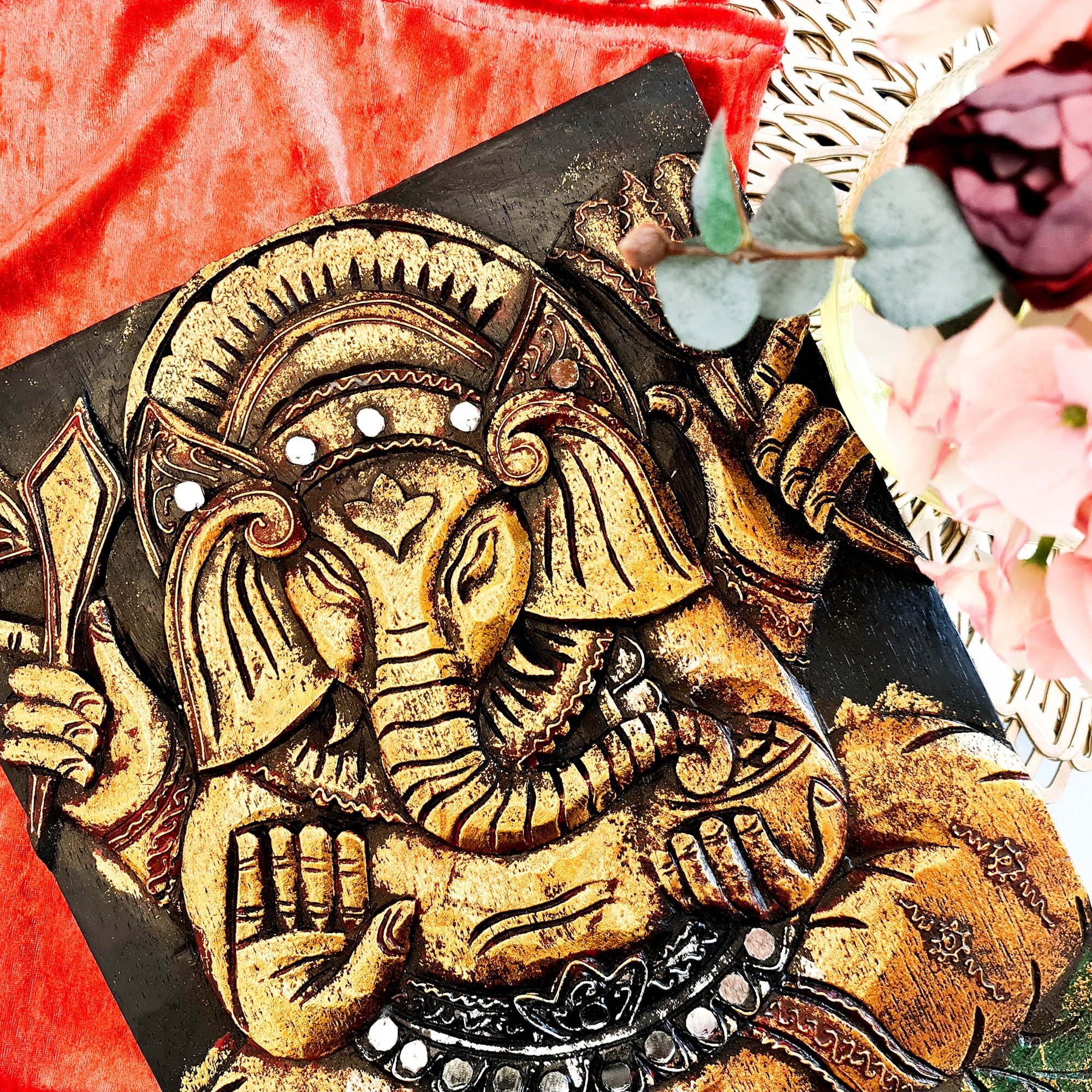 Hand Carved Painted Golden Ganesh Hindu God Mandir Wood Art Sculpture