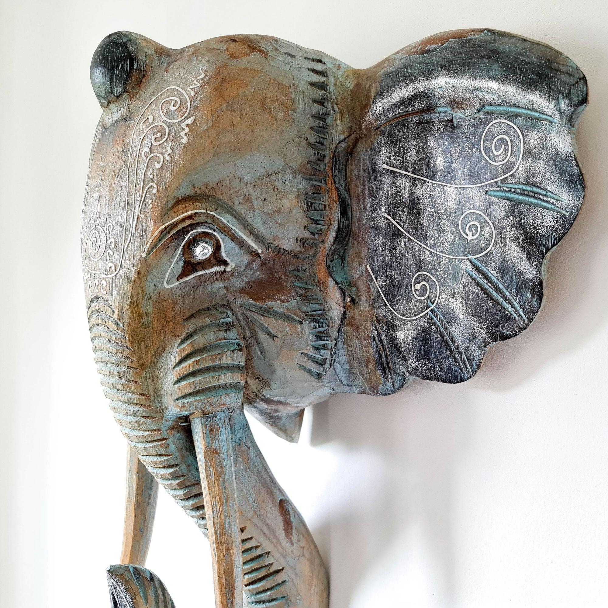 African Elephant Head - Carved Wooden Decorative Sculpture Art Tusk