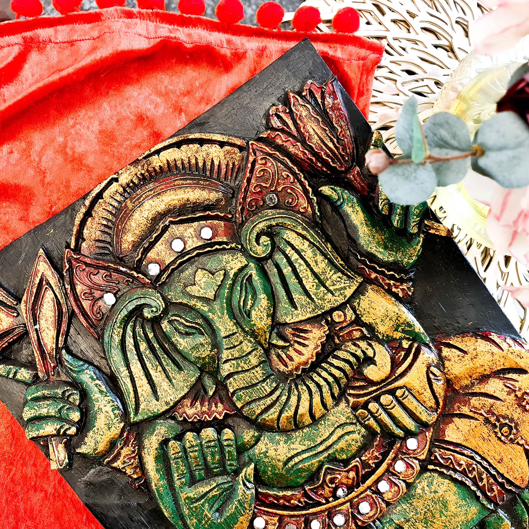 Hand Carved Painted Golden Ganesh Hindu God Mandir Wood Art Sculpture