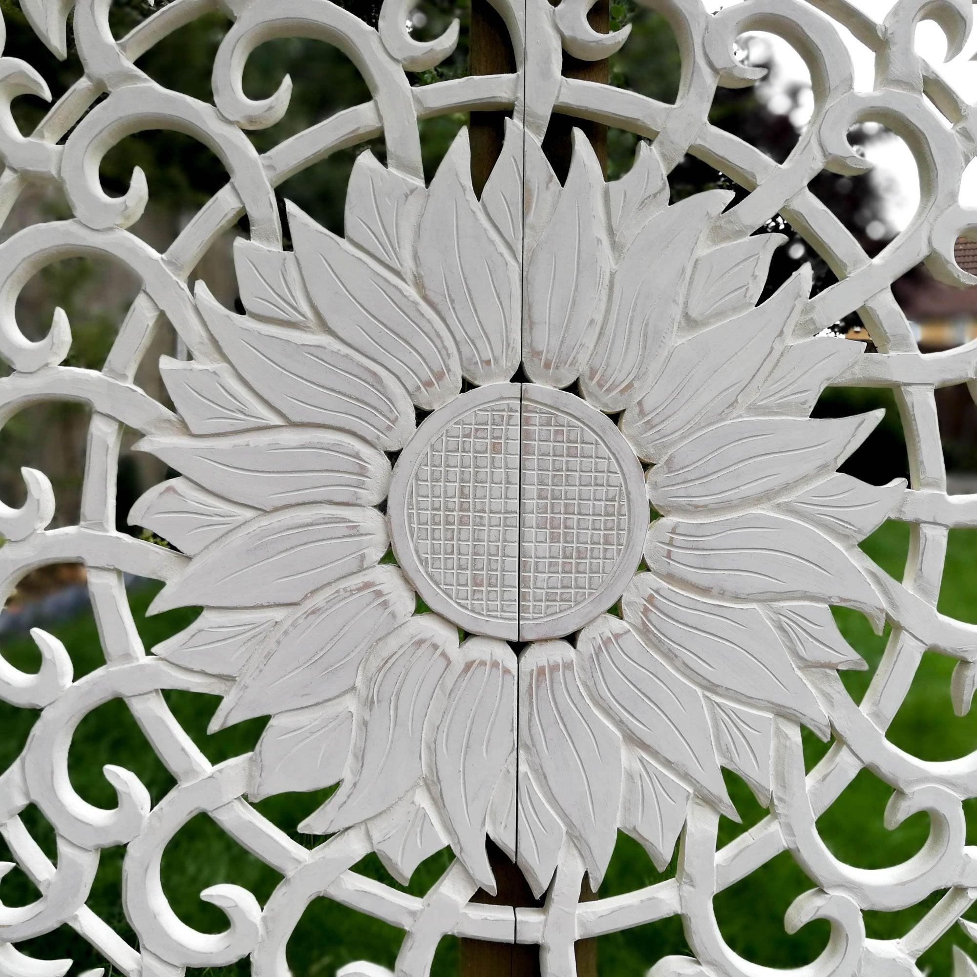 Carved Wooden Wall Art - Large Decorative Mandala Nature Eco Panel Headboard Sculpture 48" inches Round Distressed Shabby Chic White