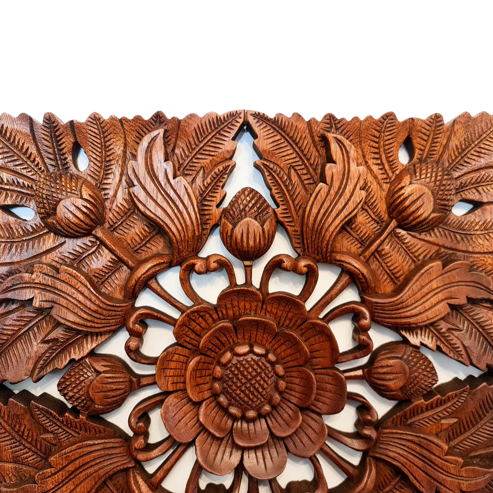 Wild Lotus Flower Carved Wooden Hand Carved Decorative Panel Sculpture Nature Garden plants -Easternada