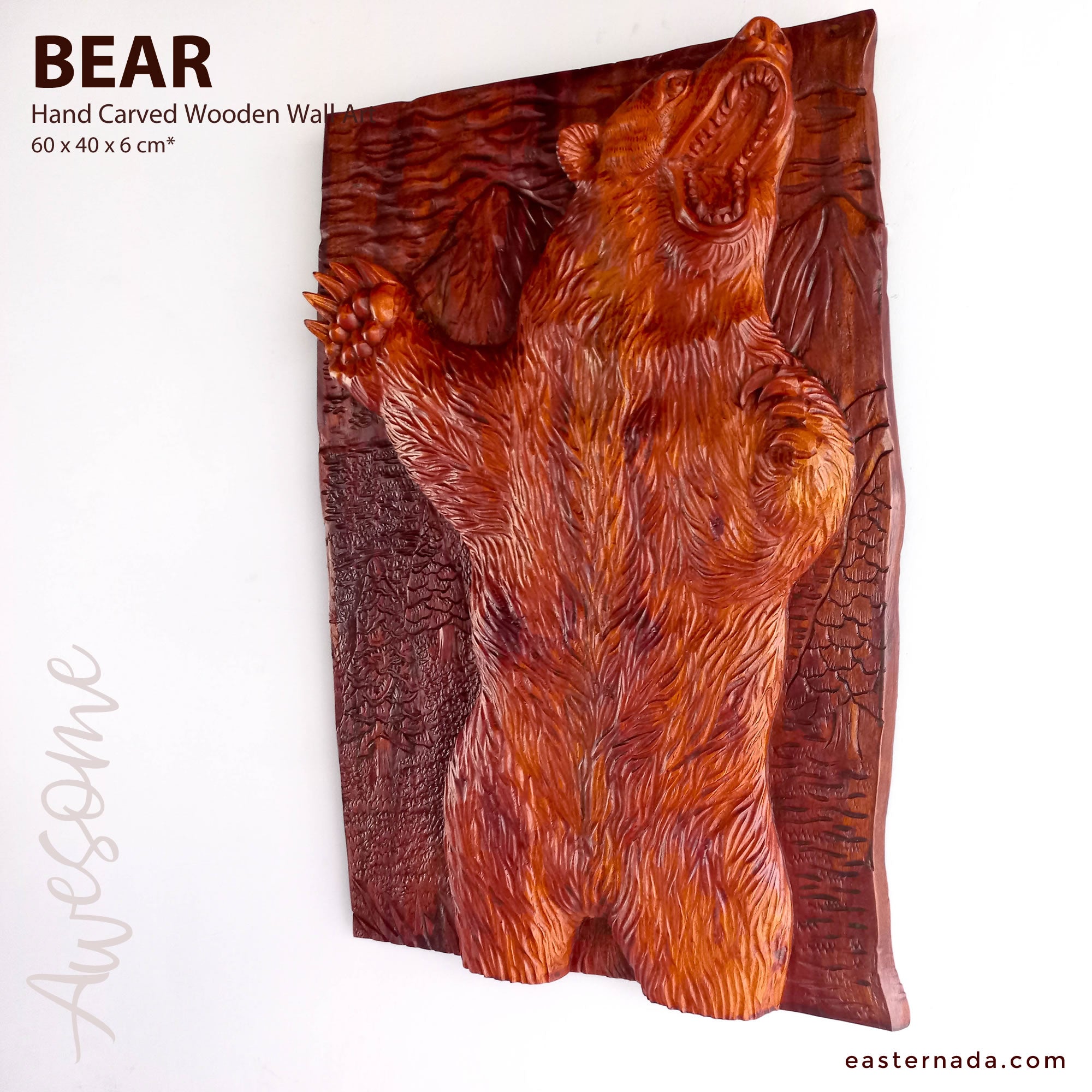 Hand Carved Grizzly Bear Decorative Teakwood Sculpture Wall Art
