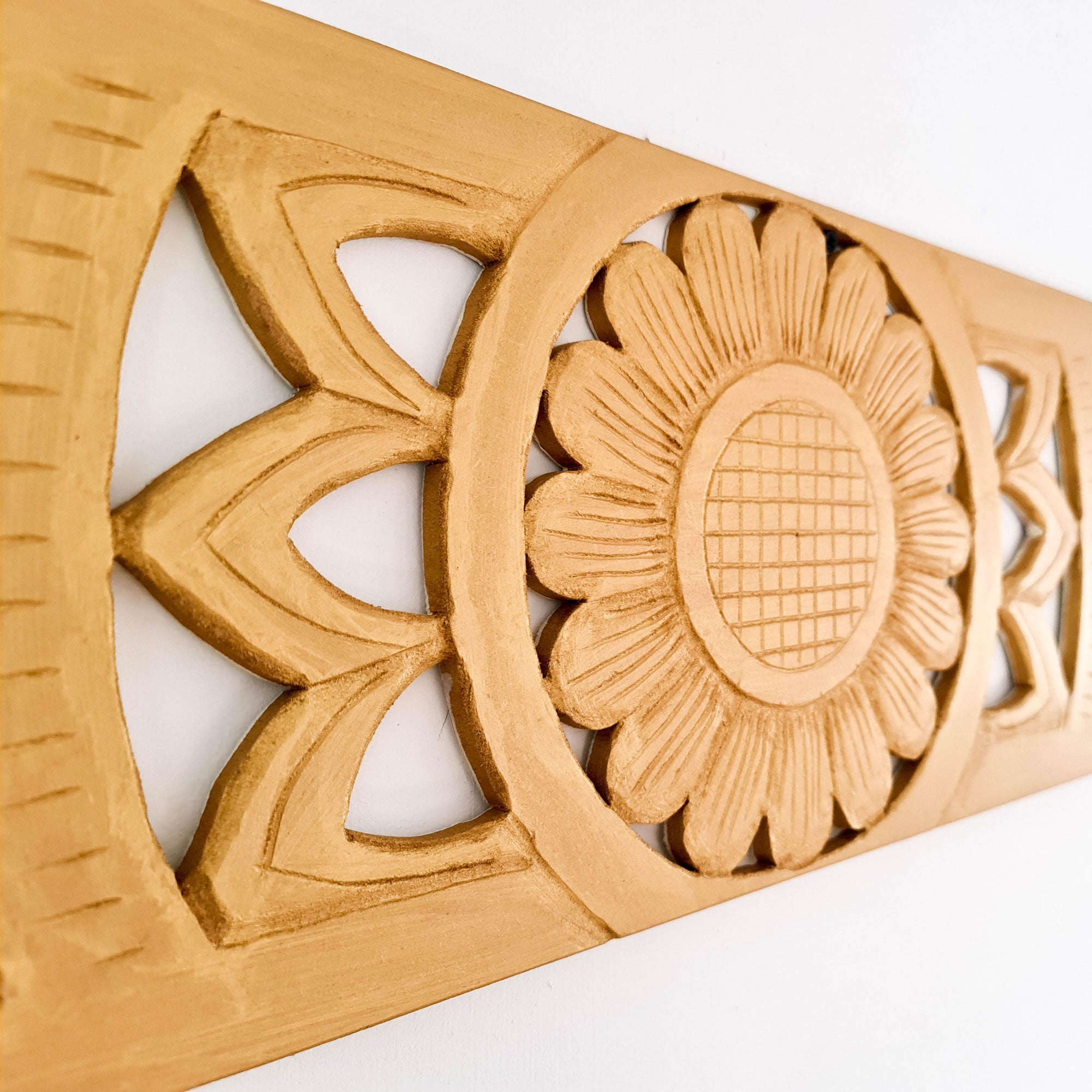 Carved Wooden Decorative Long Panel Art Sculpture Gold Mandala Headboard. Hand crafted by skilled craftsmen this piece is unique and simply amazing
