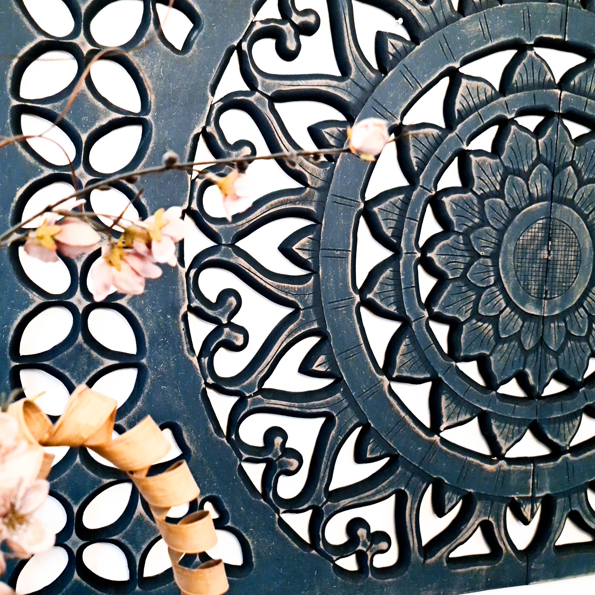 Indigo Blue Mandala | Hand-carved Wooden Decorative Wall Art Sculpture Headboard | Easternada