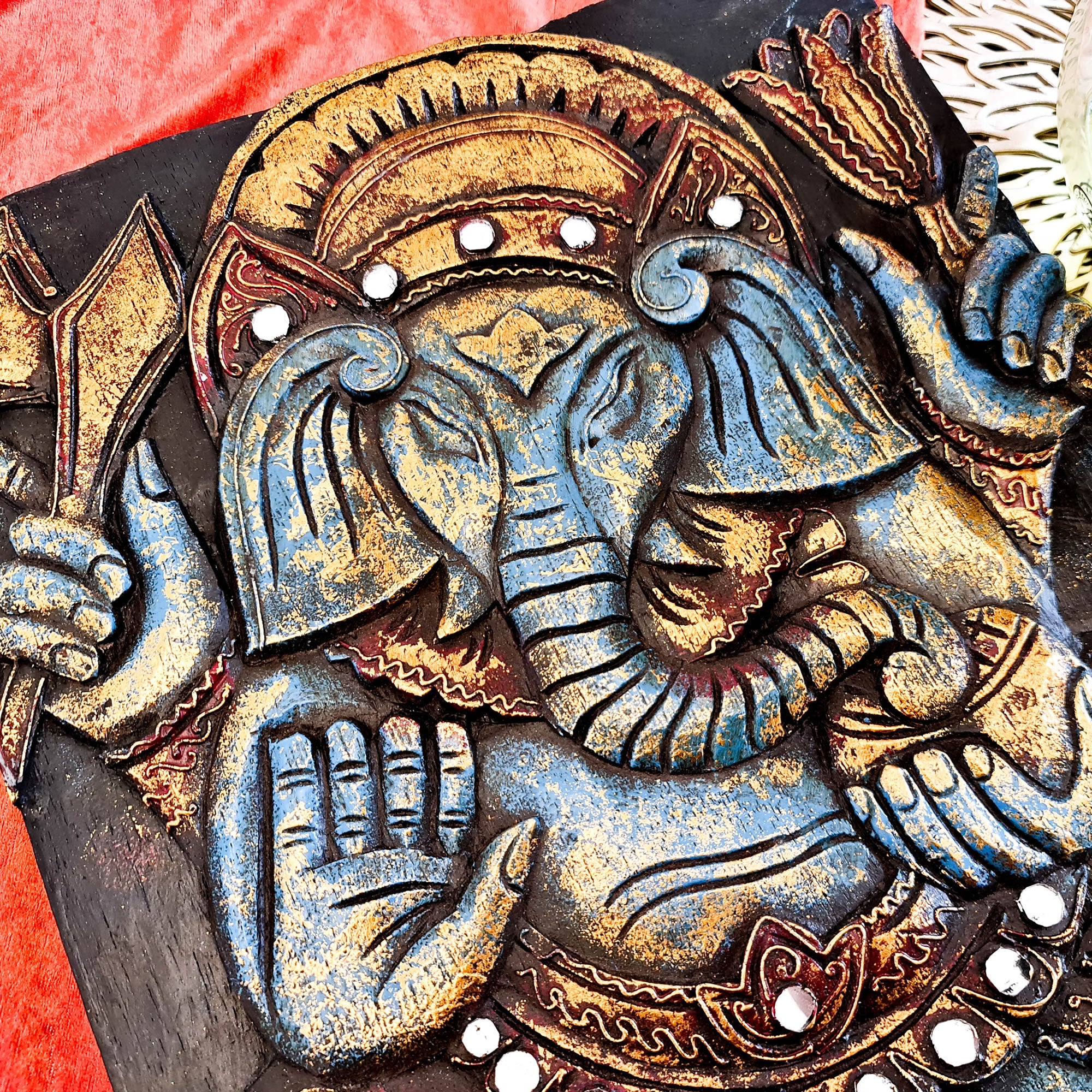 Hand Carved Painted Golden Ganesh Hindu God Mandir Wood Art Sculpture