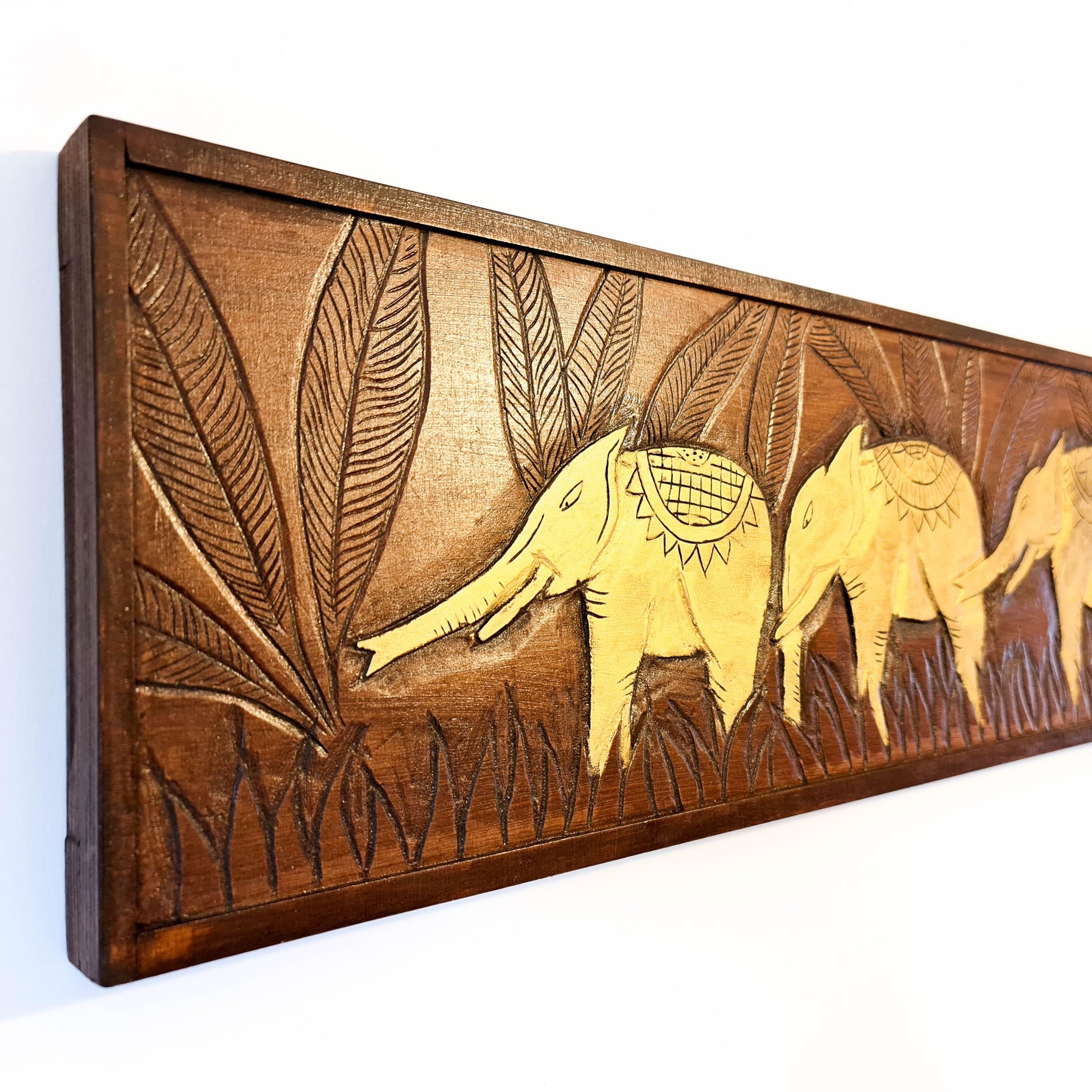 Golden African Jungle Elephants. Hand carved wooden wall art. A perfect headboard art