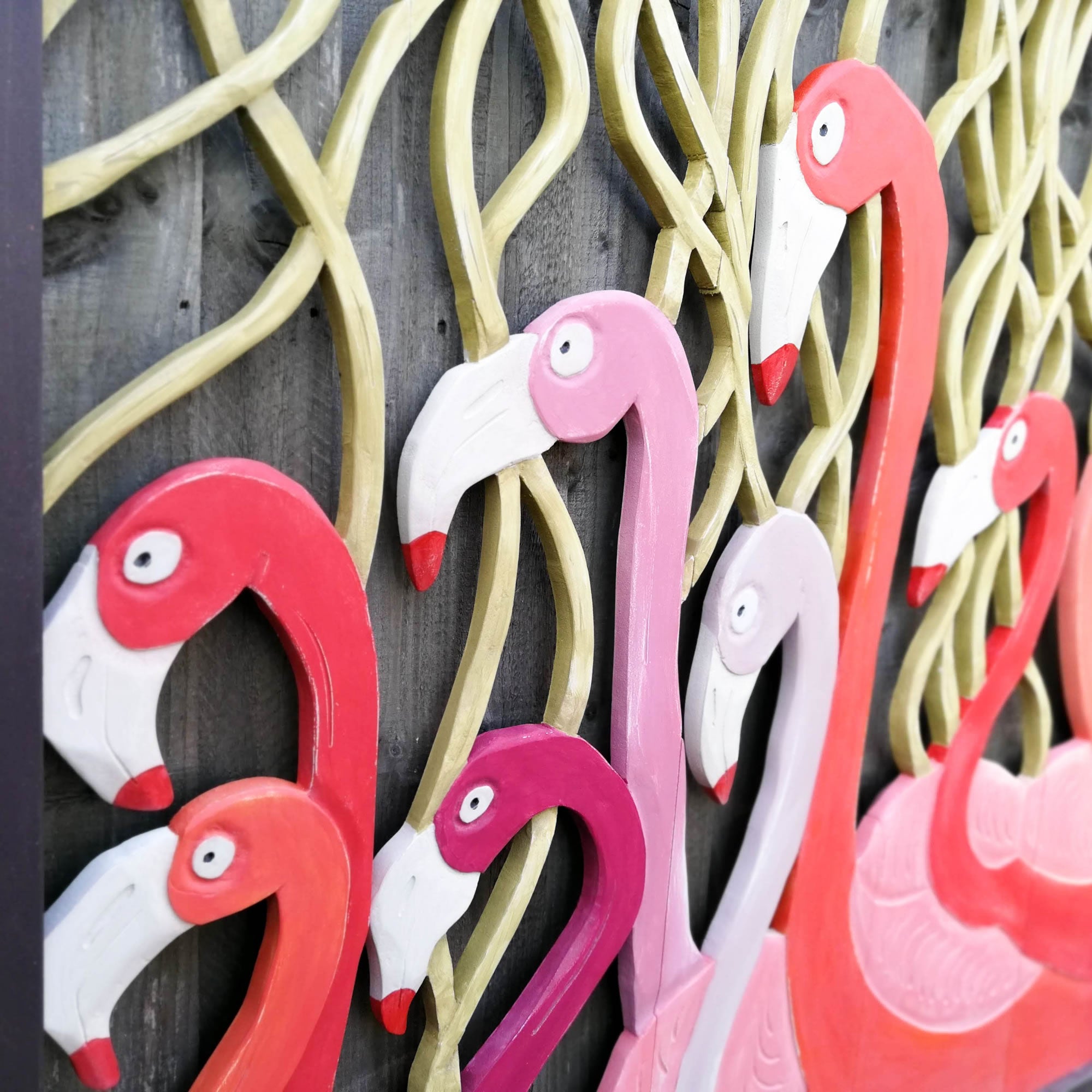 Carved Painted Wooden Wall Art - Large Headboard Decorative Flamingos