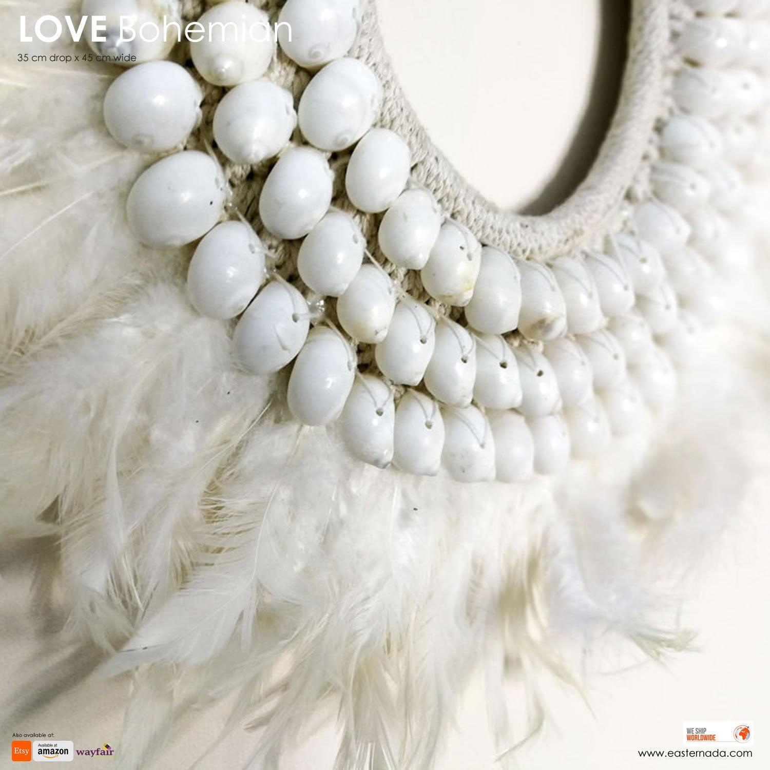 Boho Bohemian Style Feather Sea Shells Handmade Decorative Costume Macrame Style Large Necklace Juju - Easternada