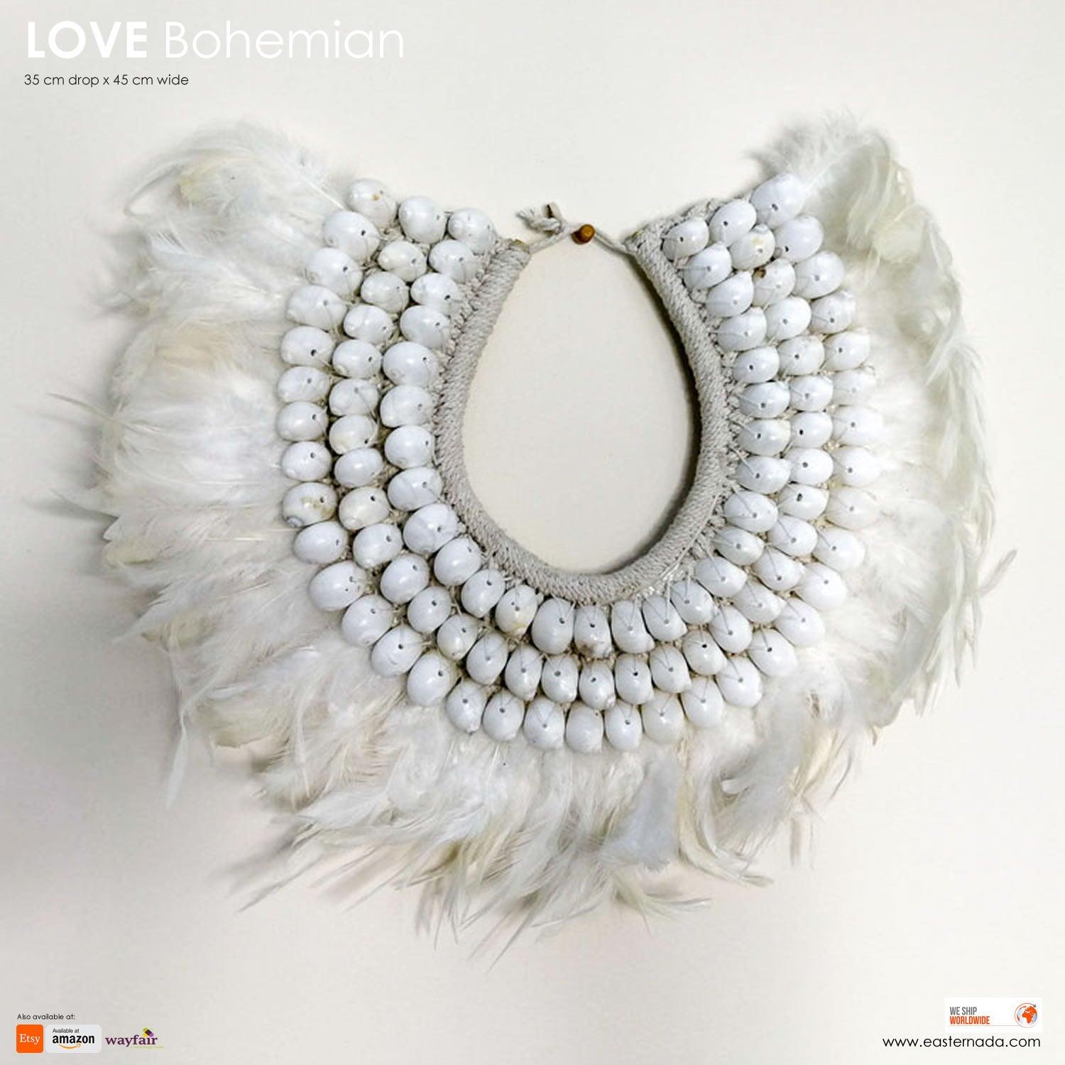 Boho Bohemian Style Feather Sea Shells Handmade Decorative Costume Macrame Style Large Necklace Juju - Easternada