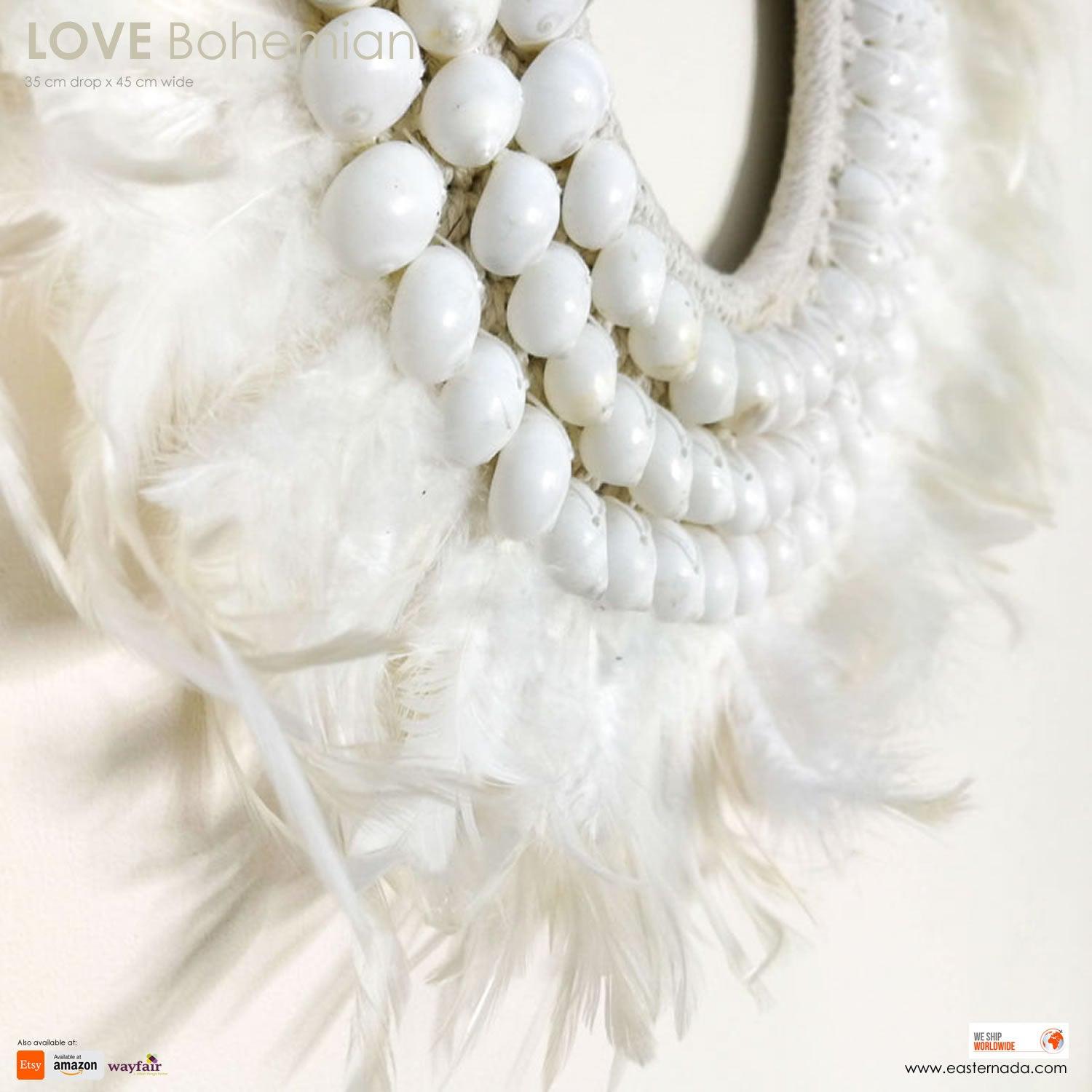 Boho Bohemian Style Feather Sea Shells Handmade Decorative Costume Macrame Style Large Necklace Juju - Easternada