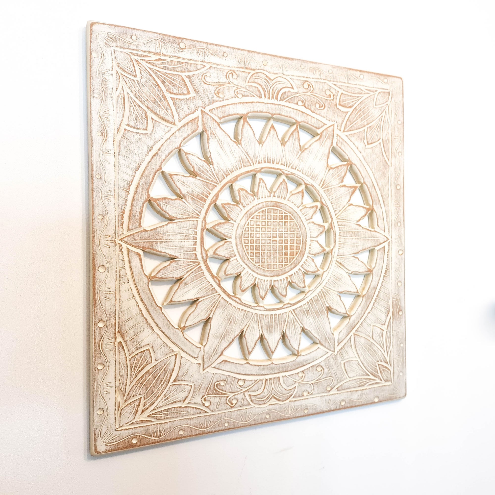 Carved Wooden Wall Art - Decorative Mandala Yoga Distressed Eco Panel Headboard Sculpture Easternada