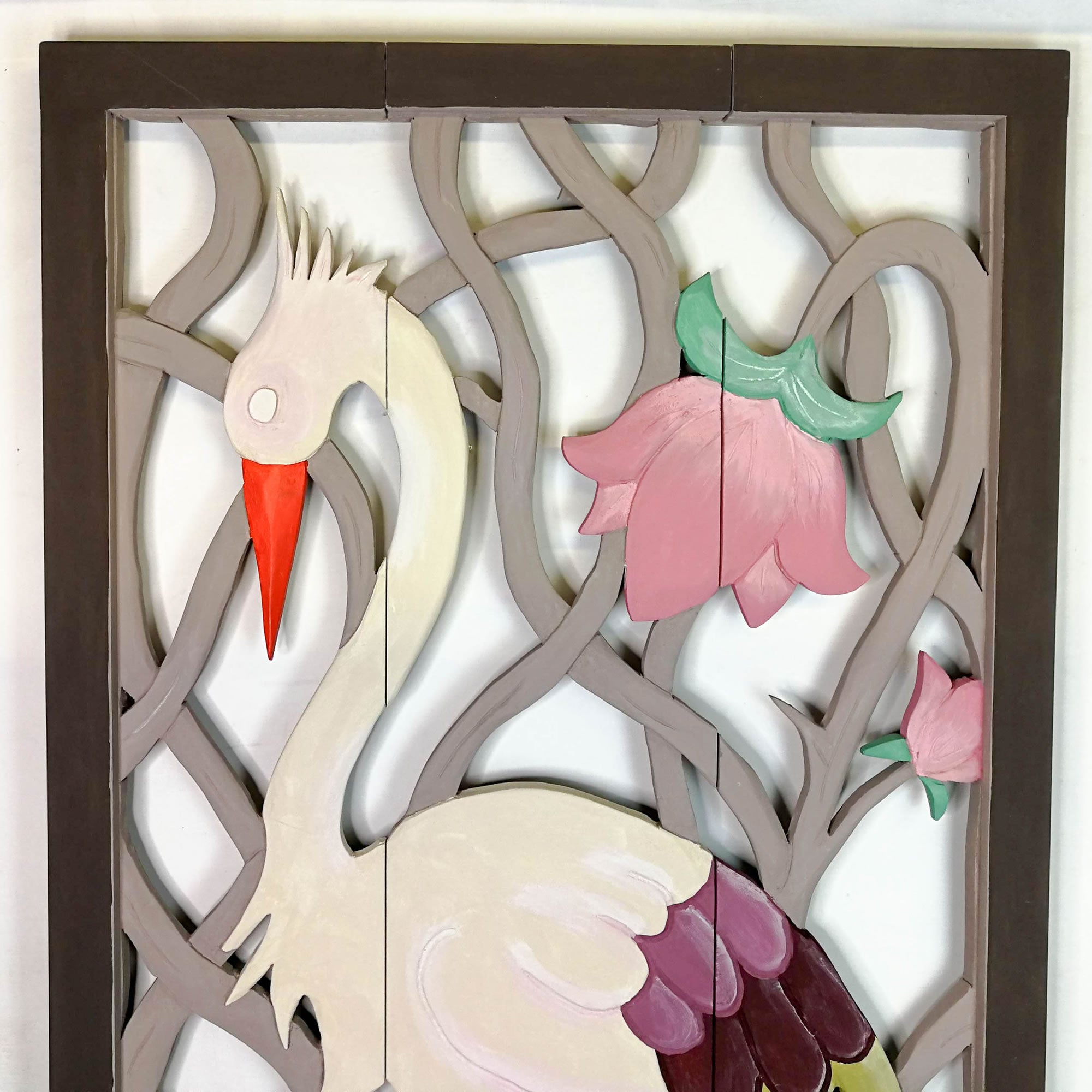 Carved Painted Wooden Wall Art - Large Headboard Decorative Bird Panel