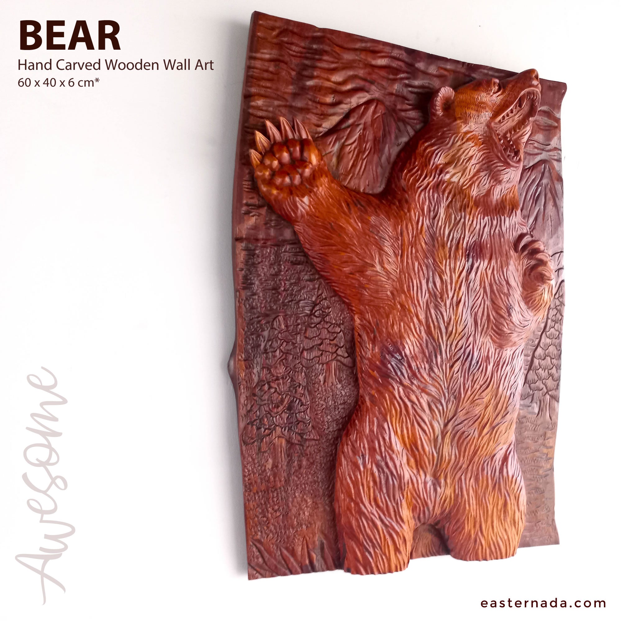 Hand Carved Grizzly Bear Decorative Teakwood Sculpture Wall Art