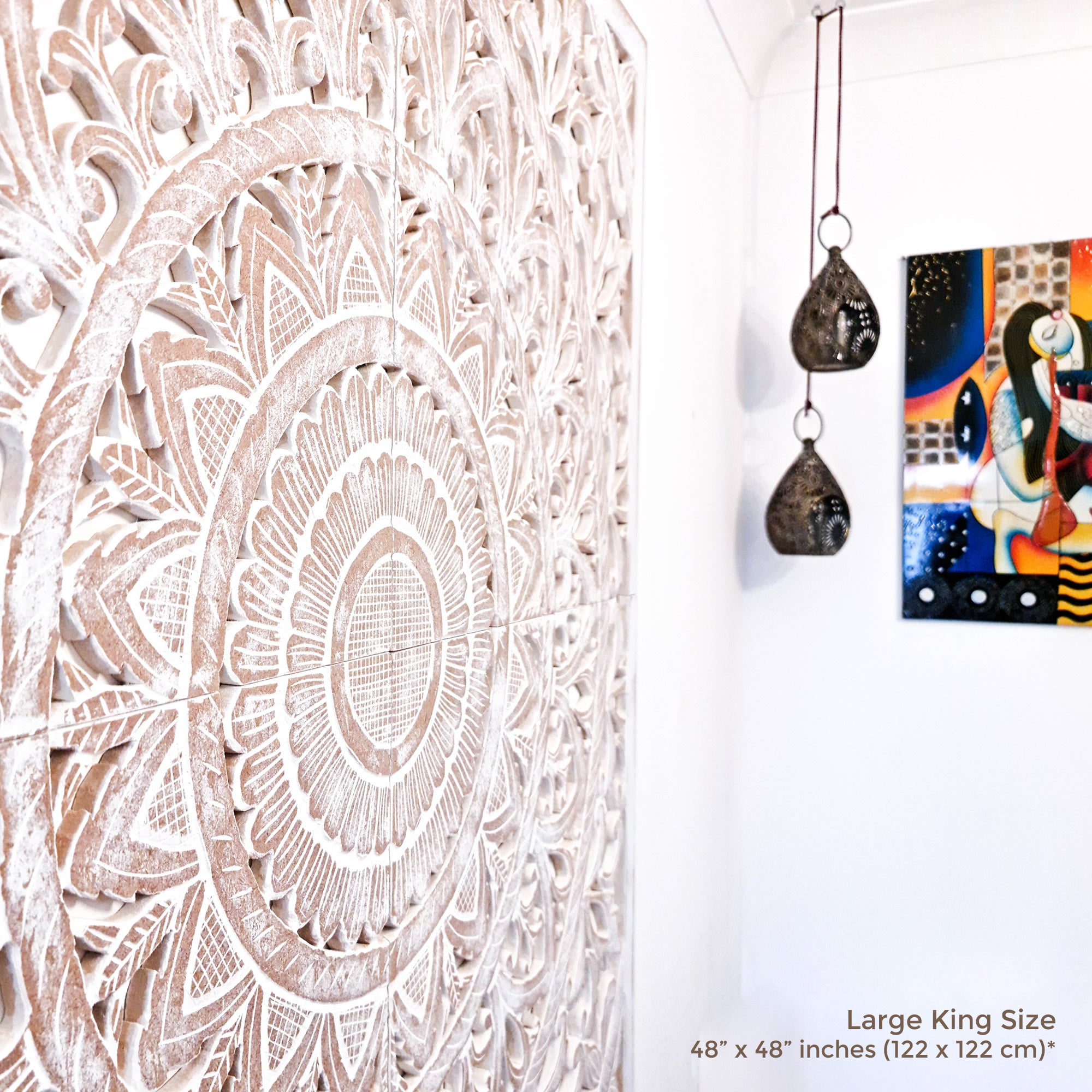 Hand Carved Wooden Wall Art - Headboard Decorative Large King Mandala Distressed White Bohemian Boho Style Shabby Chic. We can also custom carve to your specifications.