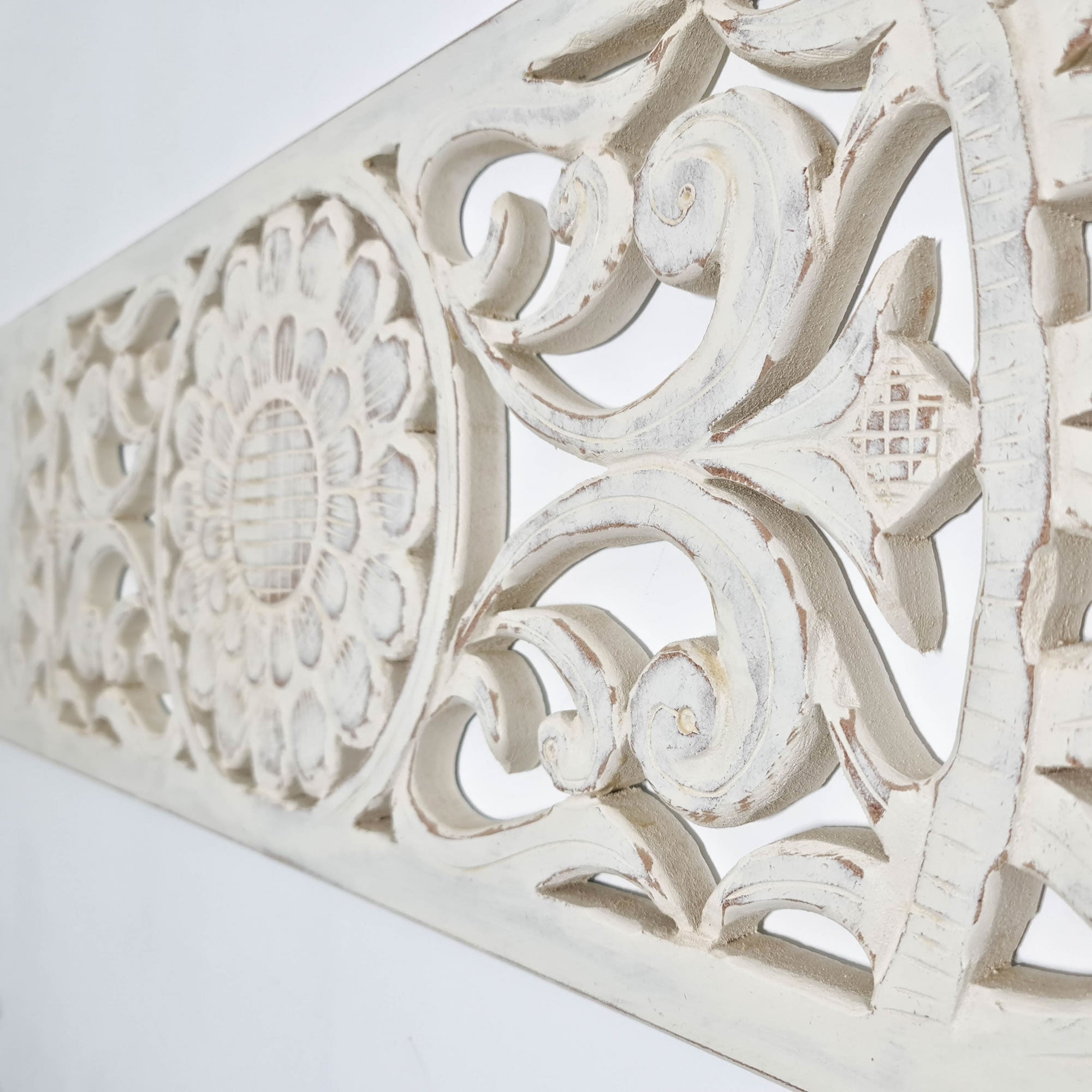 Hand Carved Wooden Wall Art - Distressed White Decorative Mandala Yoga Panel