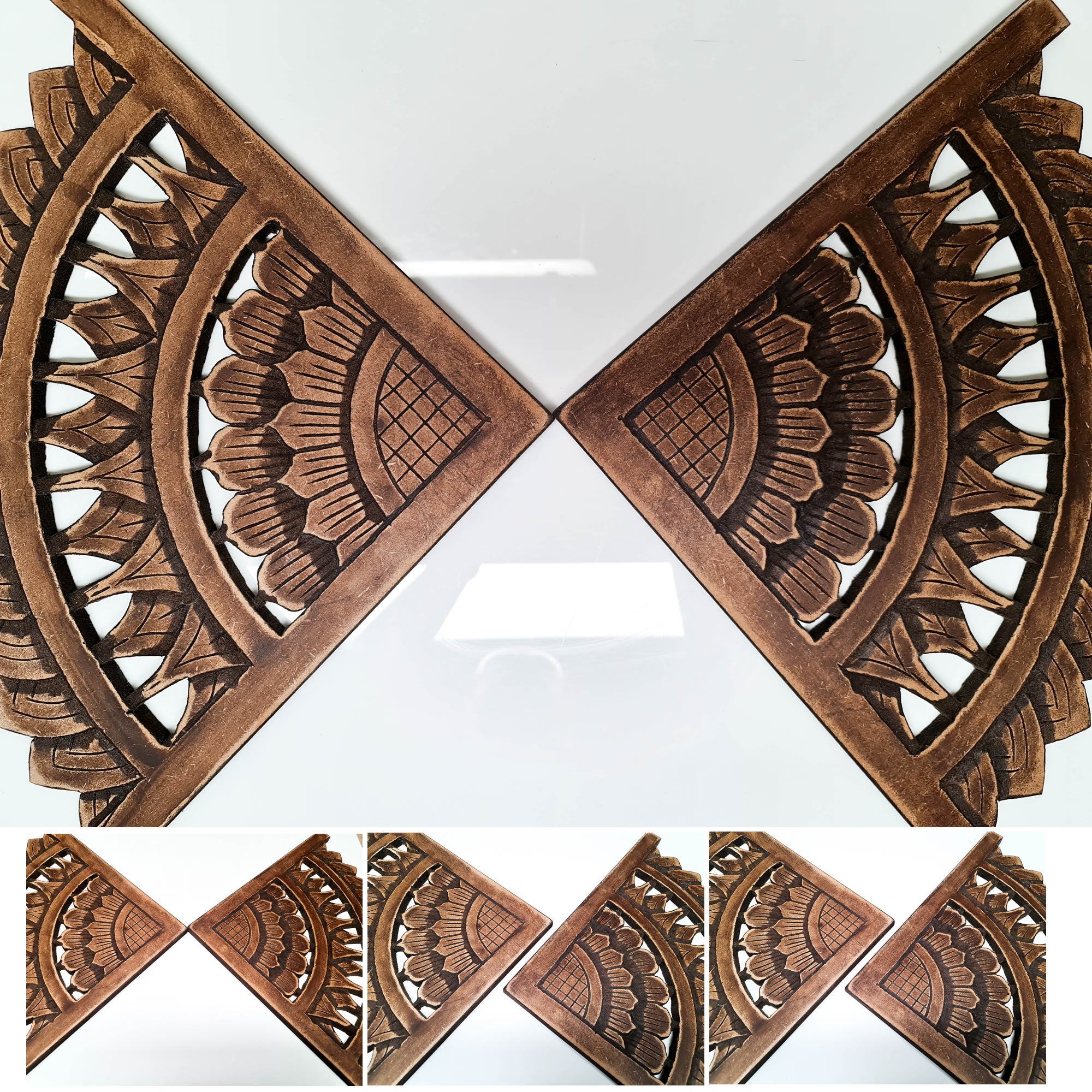 Carved Wooden Wall Art - Rustic Corners Curved Mandala Distressed Antique Brown