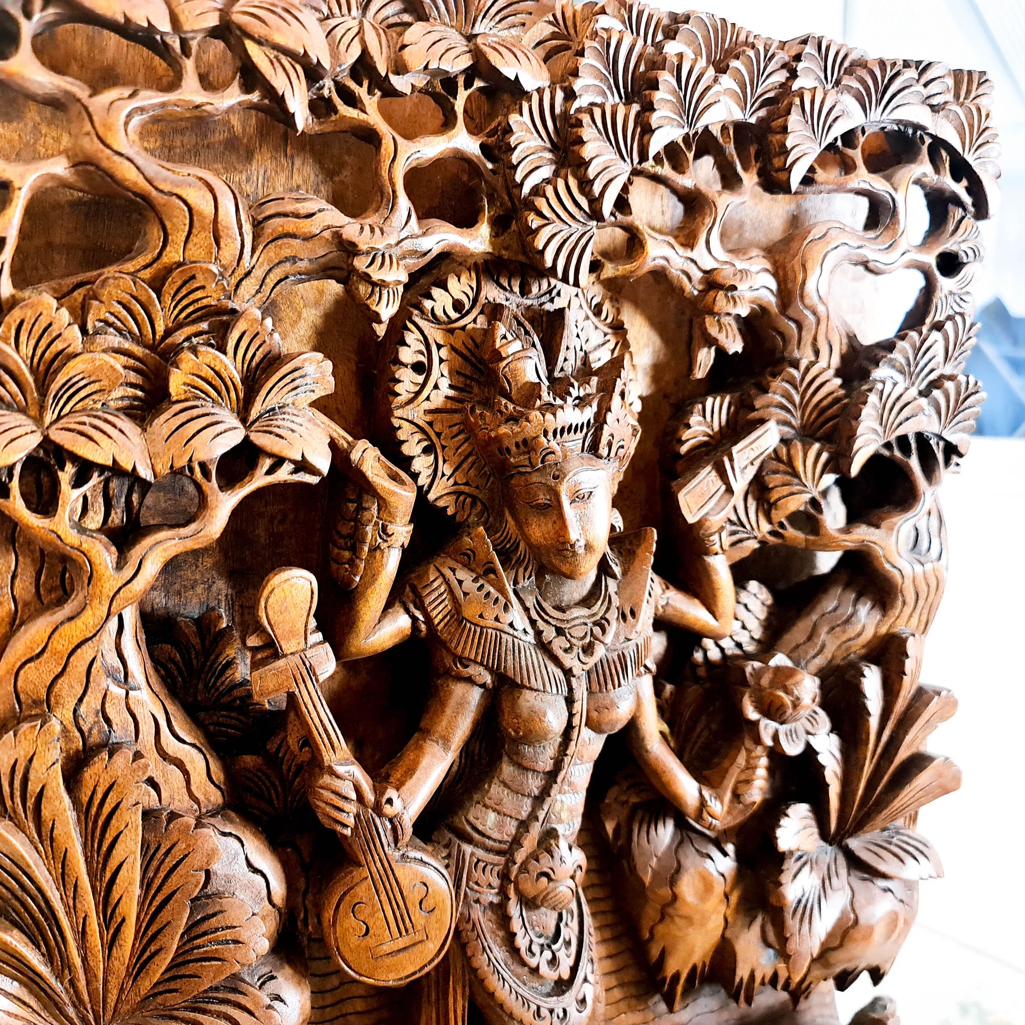 Goddess Saraswati Carved Wooden Decorative Hindu Mandir Sculpture Art - Easternada