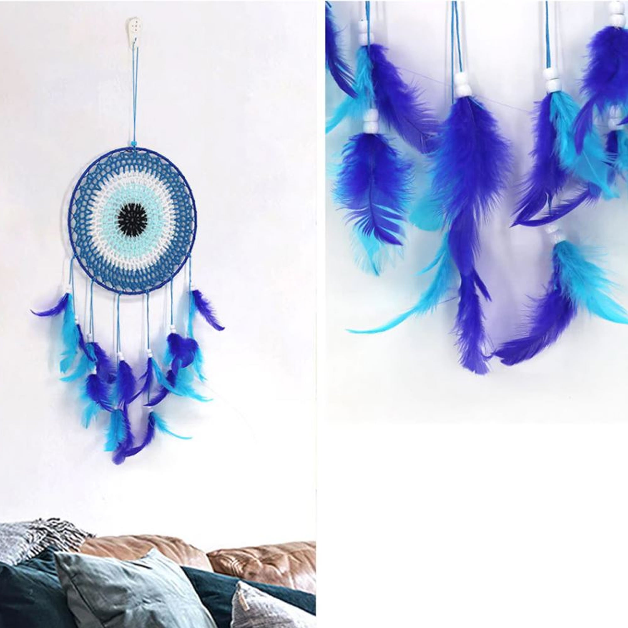 A beautiful Nazar Turkish Evil Eye Handmade Bohemian Macramé Beads Dream Catcher Car Wall Hanging Decoration Art, a perfect gift. A unique piece with subtle colors and beads to give an elegant touch