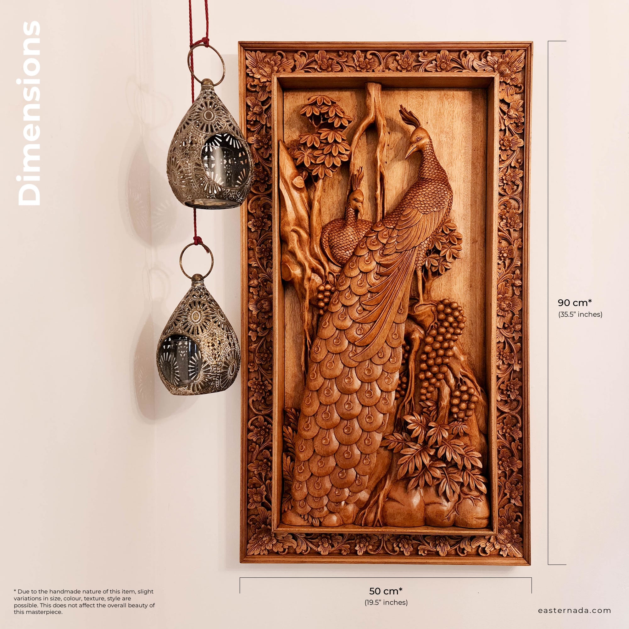 This is a stunning masterpiece. Intricate detailed hand carved Peacock birds out of Teak Wood. With decorative frame to match this will be the focal point in any room. Only one piece carved and its an exclusive and unique collection. A Perfect Gift - Easternada