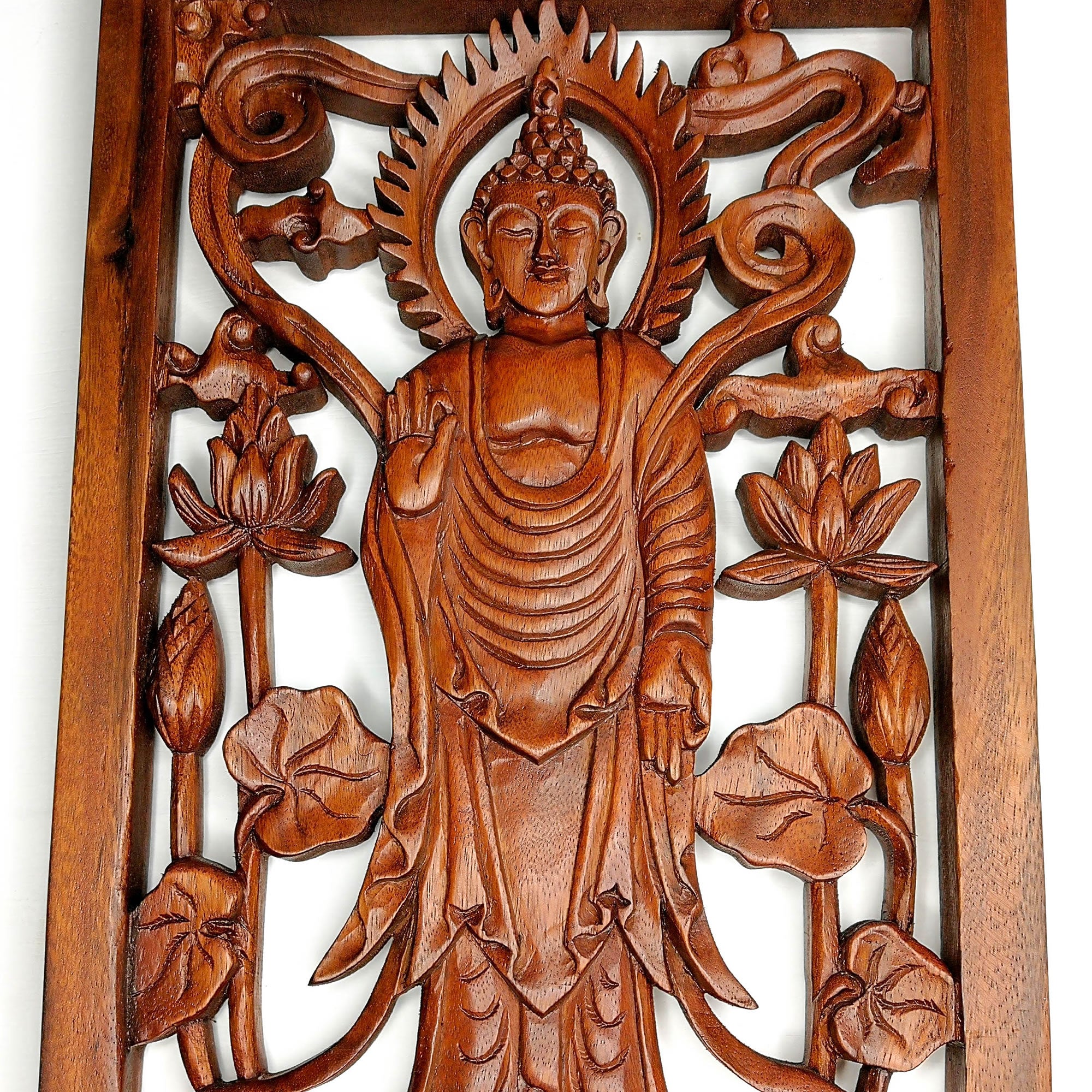 Hand Carved Wooden Wall Art Decorative Standing Buddha Peace Yoga Meditation