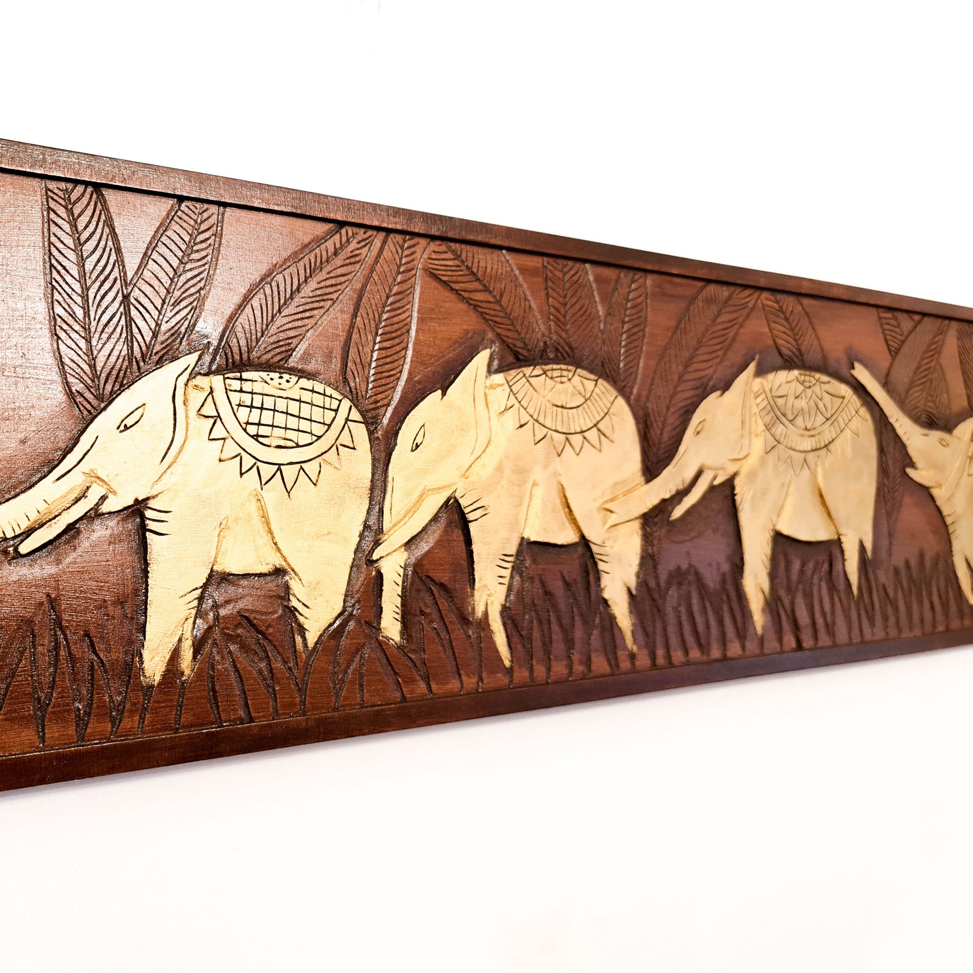 Golden African Jungle Elephants. Hand carved wooden wall art. A perfect headboard art