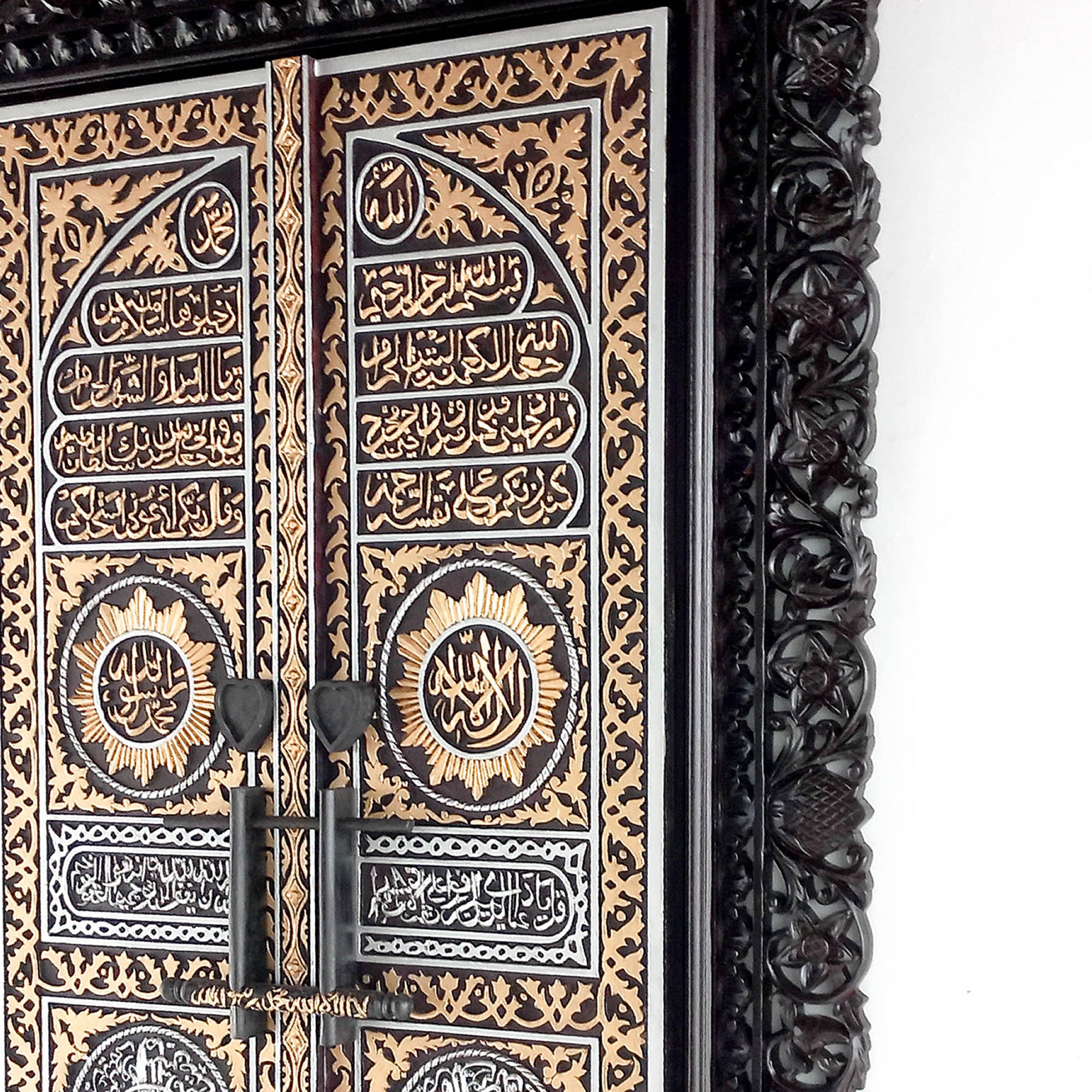 Large hand-carved teakwood sculpture of the Kiswa e Kaaba door with Arabic calligraphy, luxury Islamic wall art
