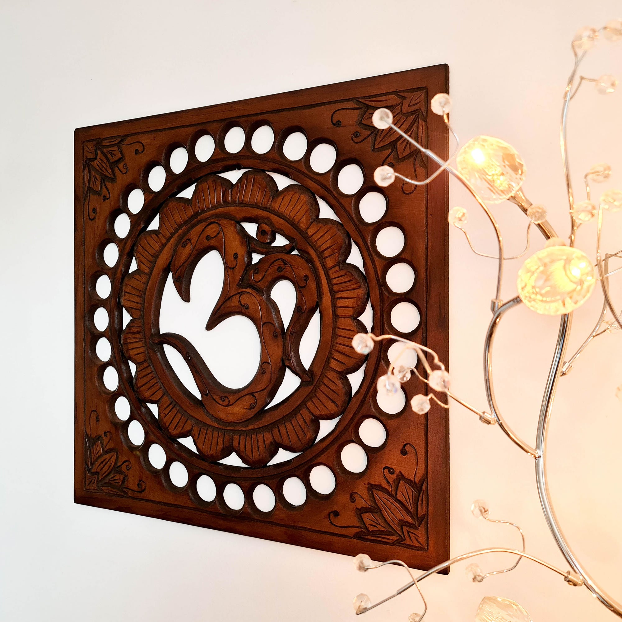 Handmade Carved Wooden Decorative Wall Art OM Mantra Mandir Meditation - Easternada