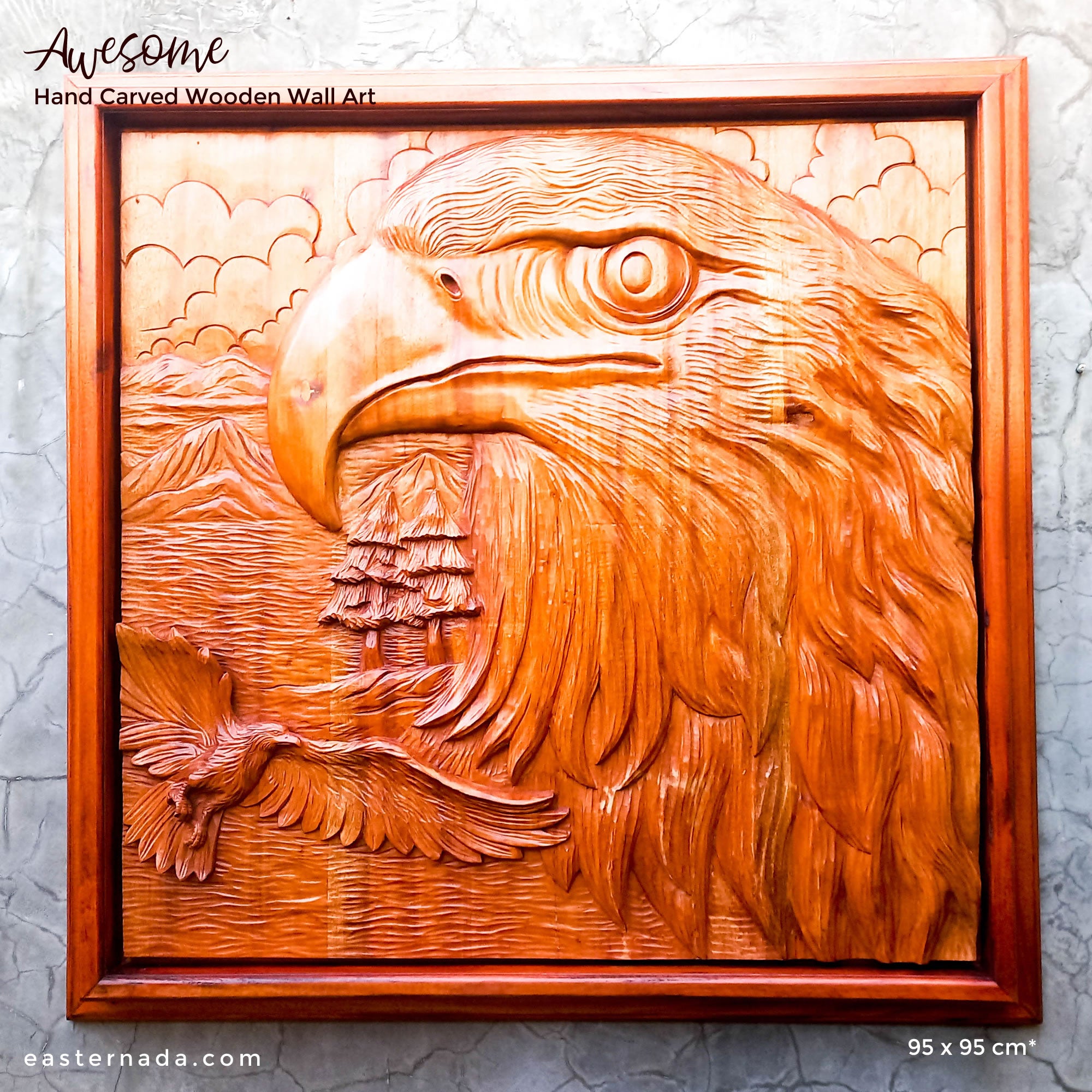 Hand Carved American Bald Eagle Bird Decorative Teakwood Sculpture Wall Art