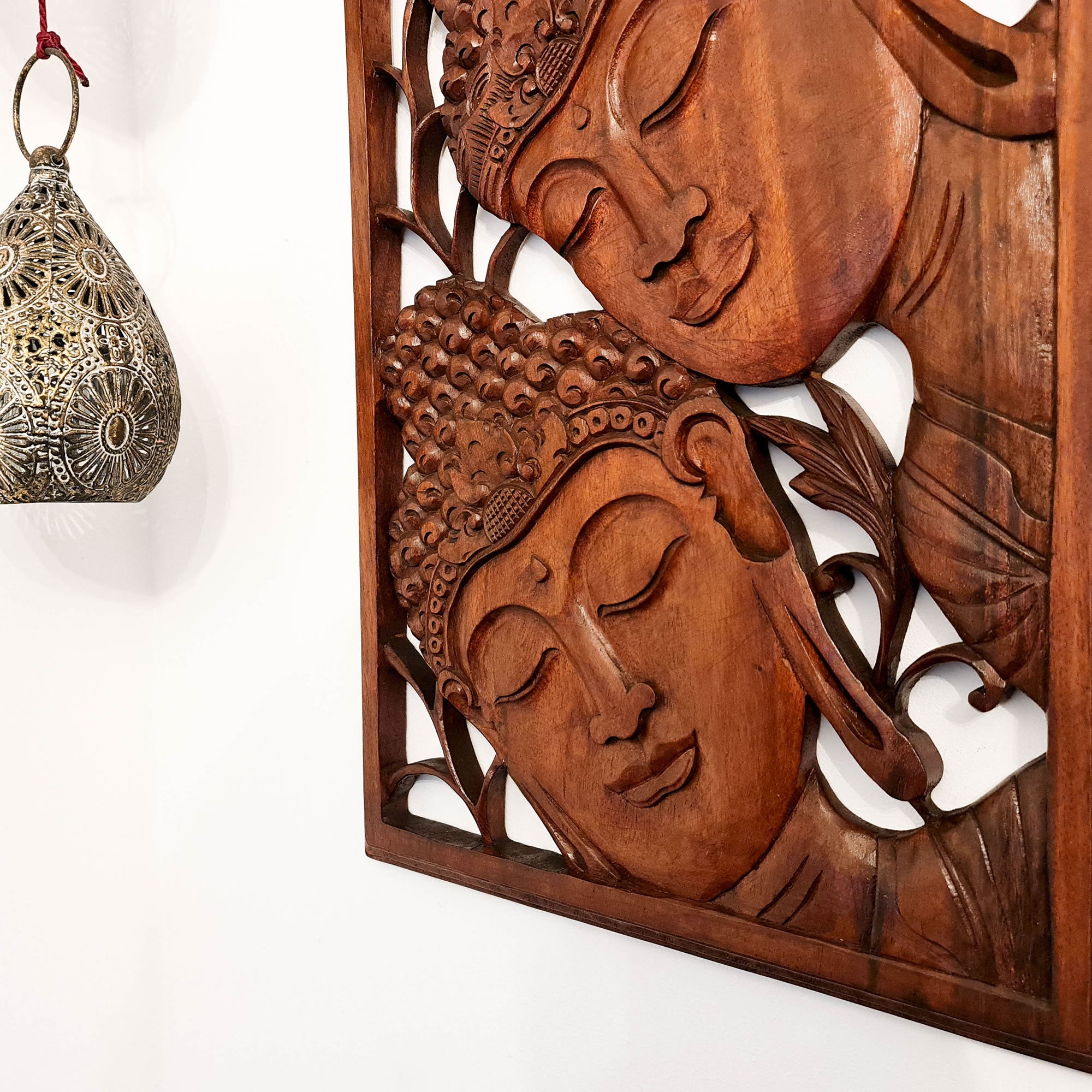 Three Buddha Peace Meditation Yoga Teak Wood Wall Art Long - Easternada