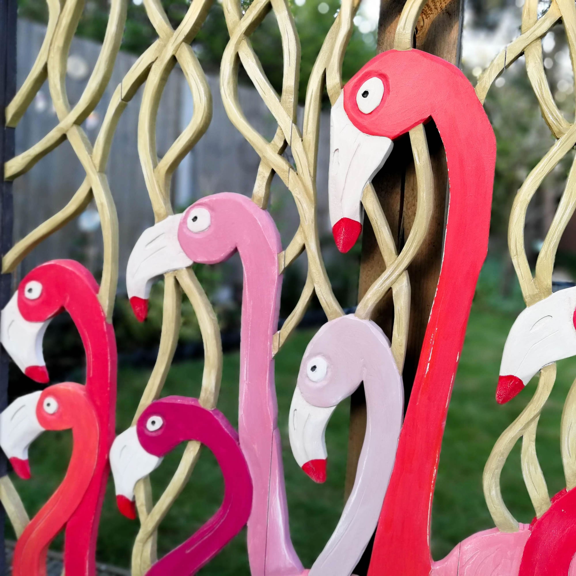 Carved Painted Wooden Wall Art - Large Headboard Decorative Flamingos