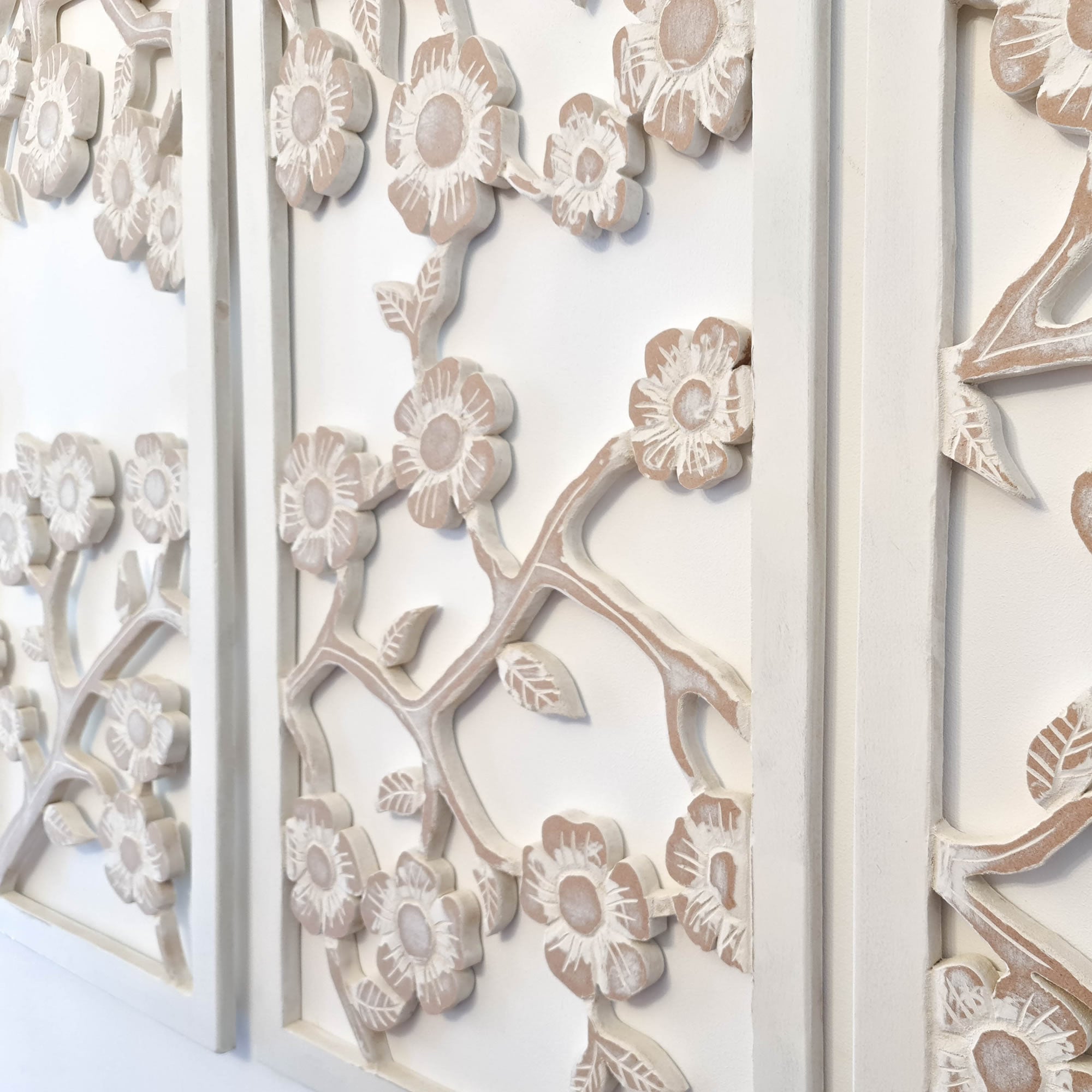 Hand Carved Wooden Wall Art - Large Headboard Decoration Cherry Blossom Shabby Chic Distressed White - Easternada