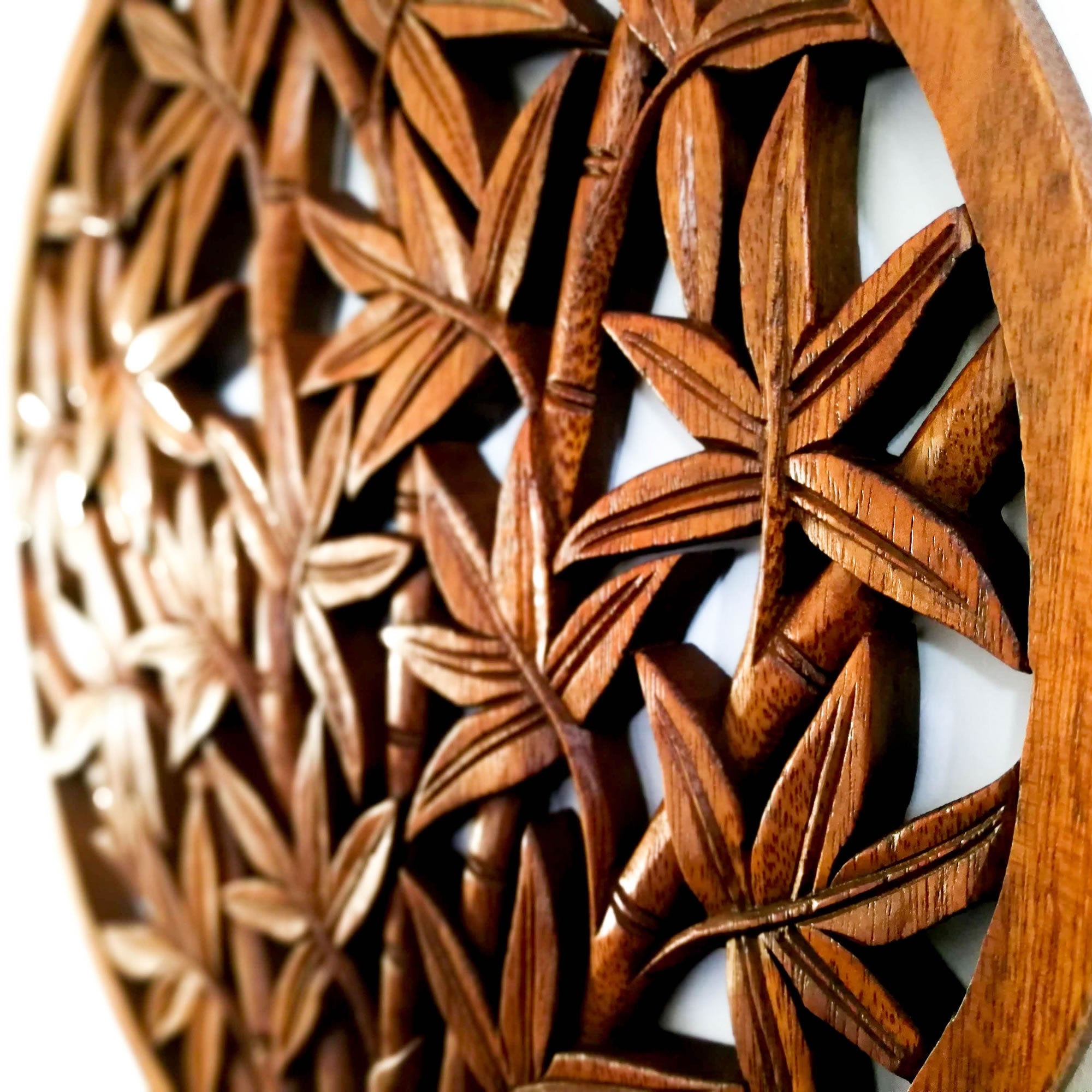 Hand Carved Wooden Decorative Wall Art Round - Bamboo Shoots. A perfect gift this season. Handmade using teak wood.