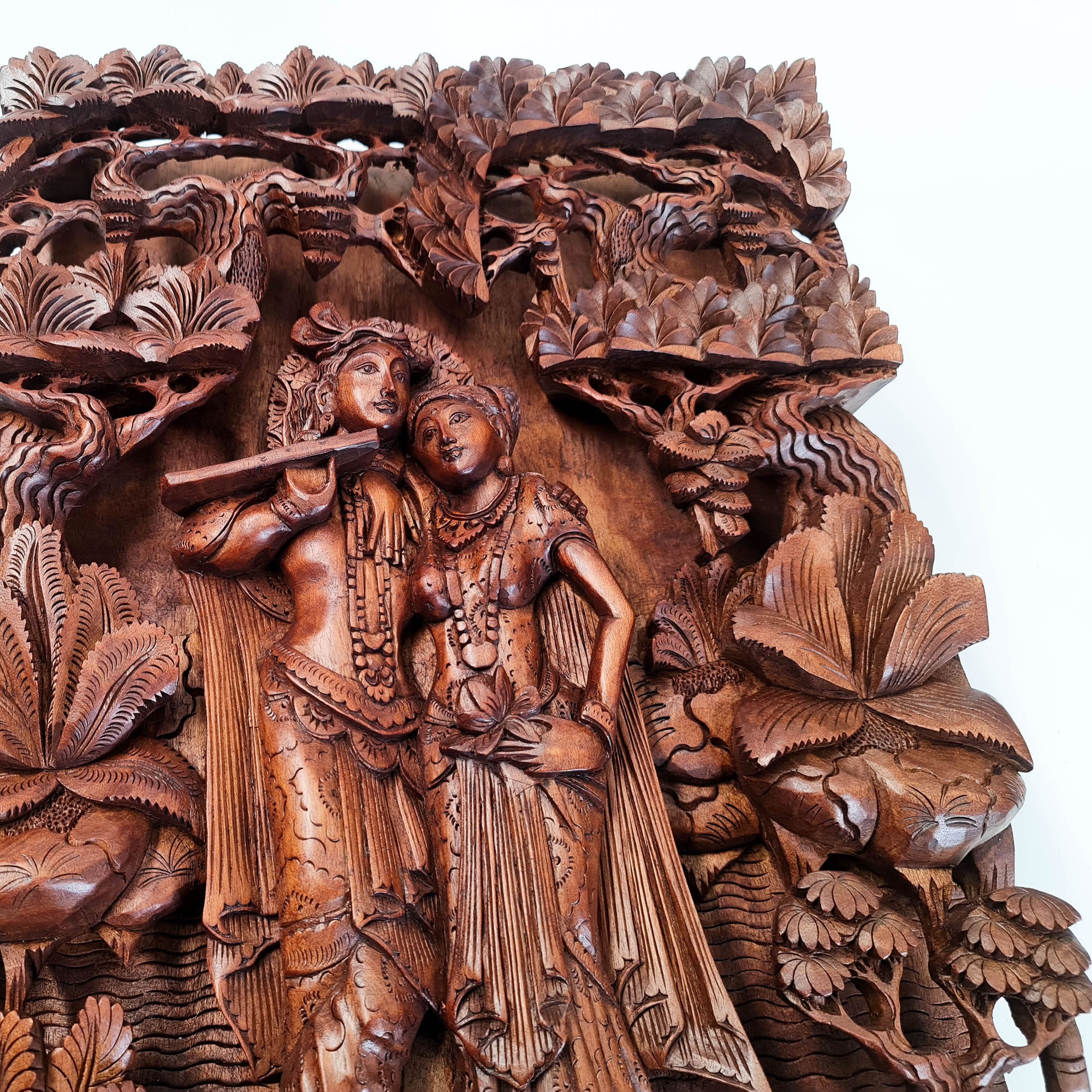 Hand Carved Wooden Hindu God - Radha Krishna Mandir Sculpture Hare Krishna