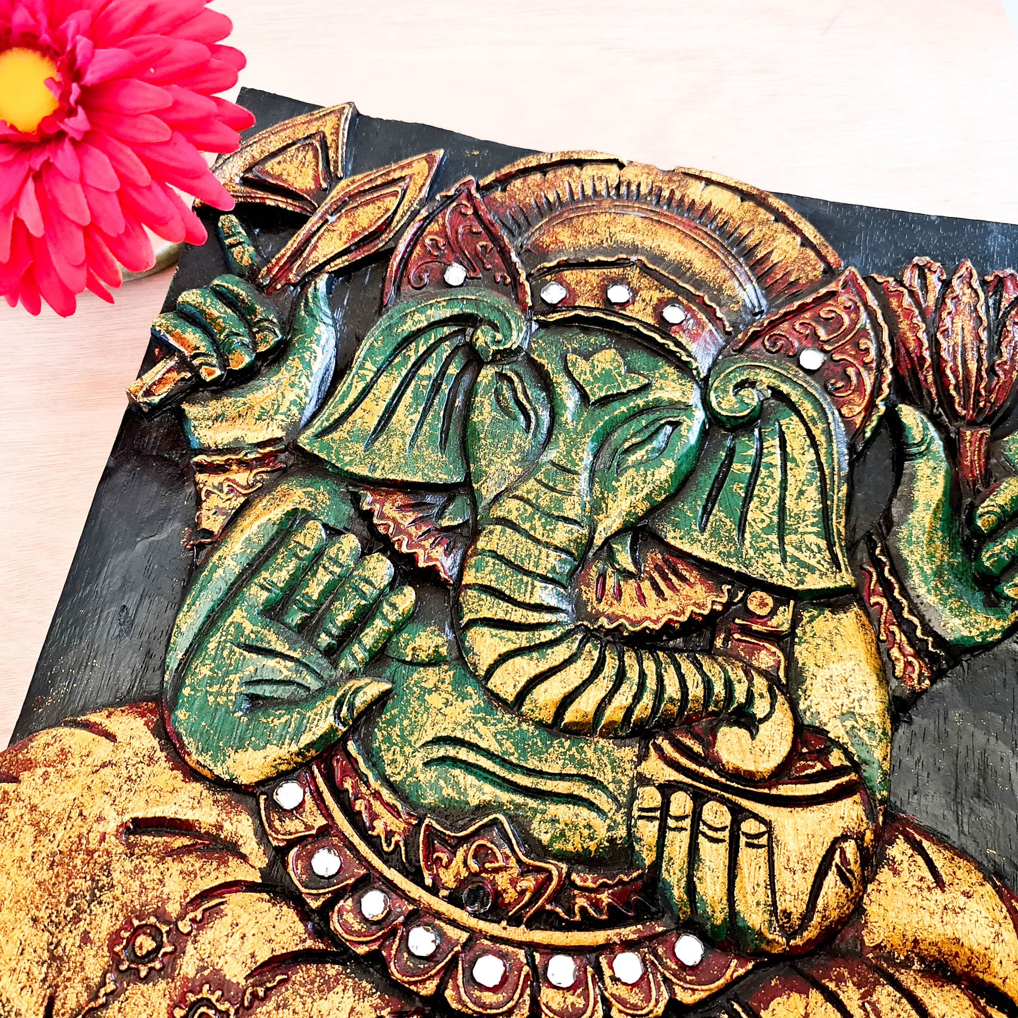 Hand Carved Painted Golden Ganesh Hindu God Mandir Wood Art Sculpture