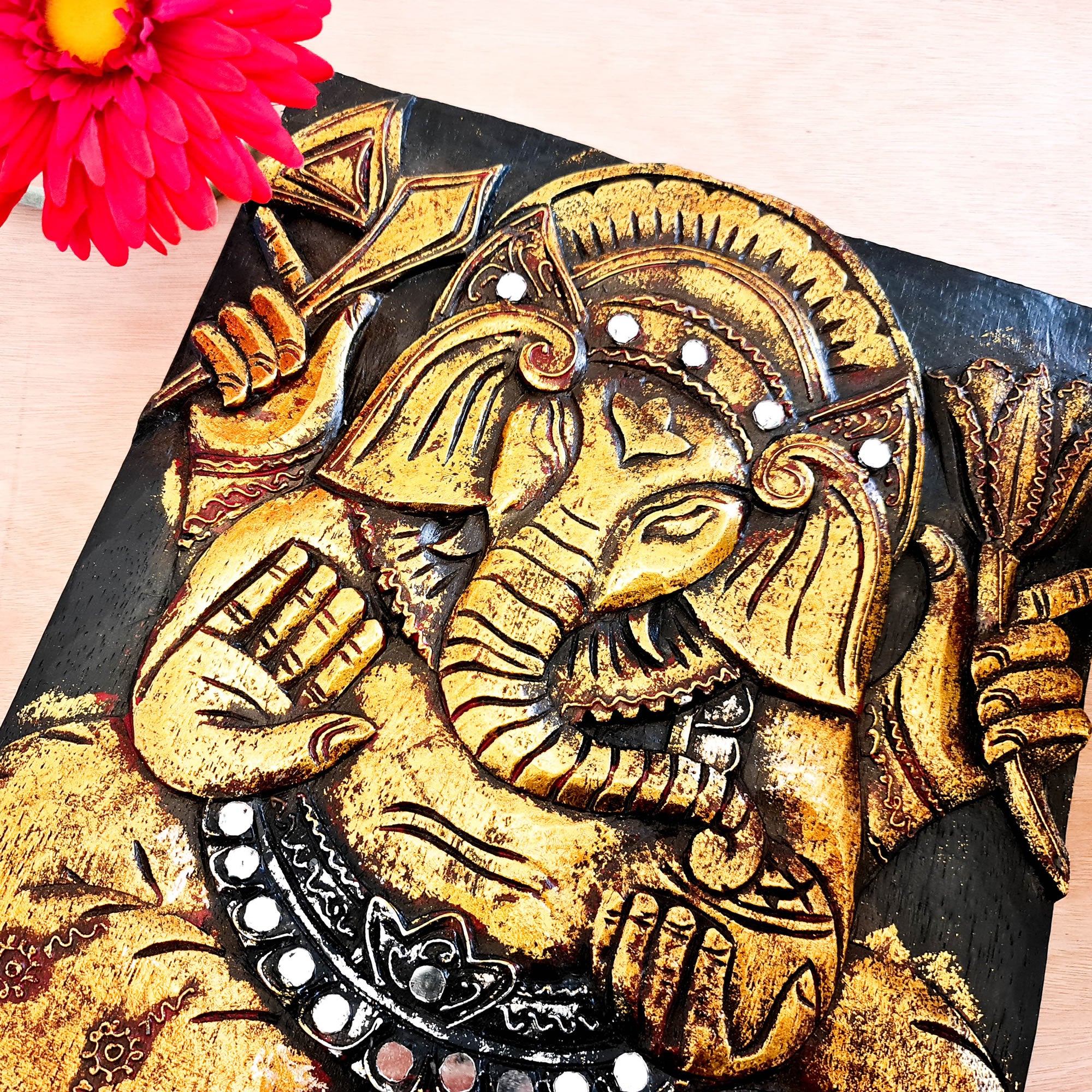 Hand Carved Painted Golden Ganesh Hindu God Mandir Wood Art Sculpture