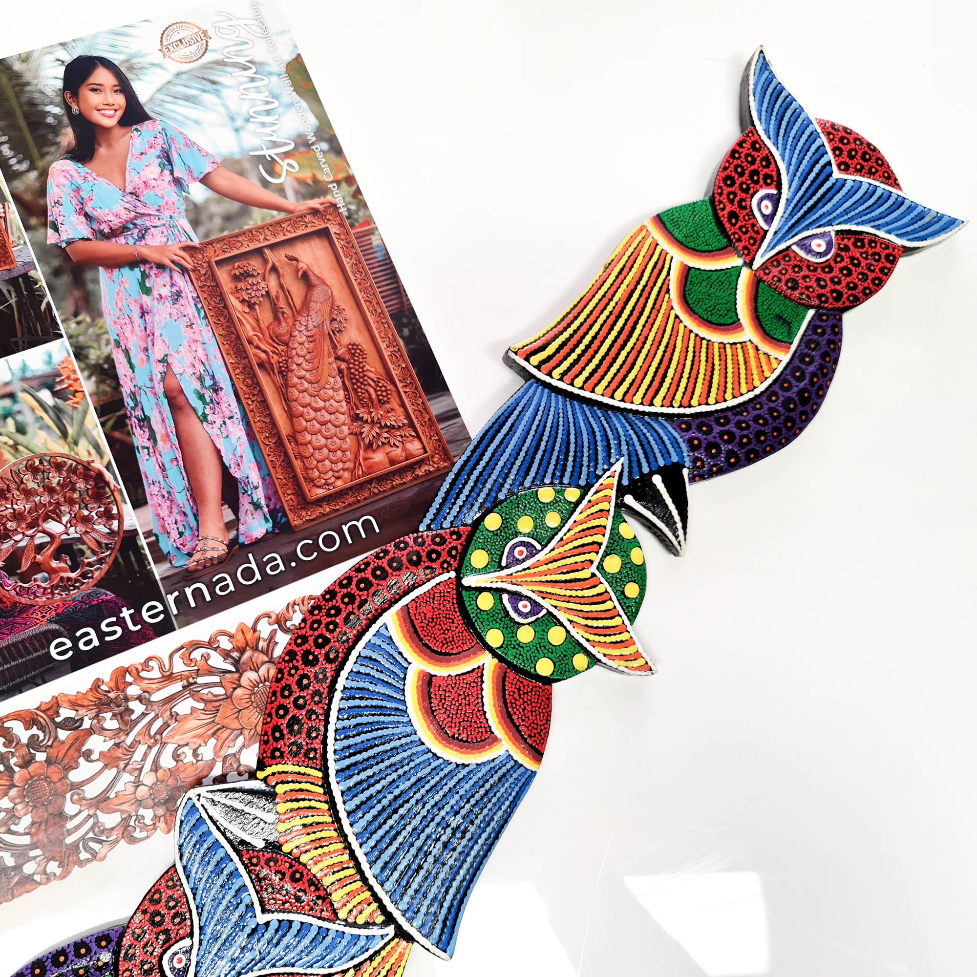 Tropical Wall Hanging - Hand-Carved painted wooden Tropical decoration.