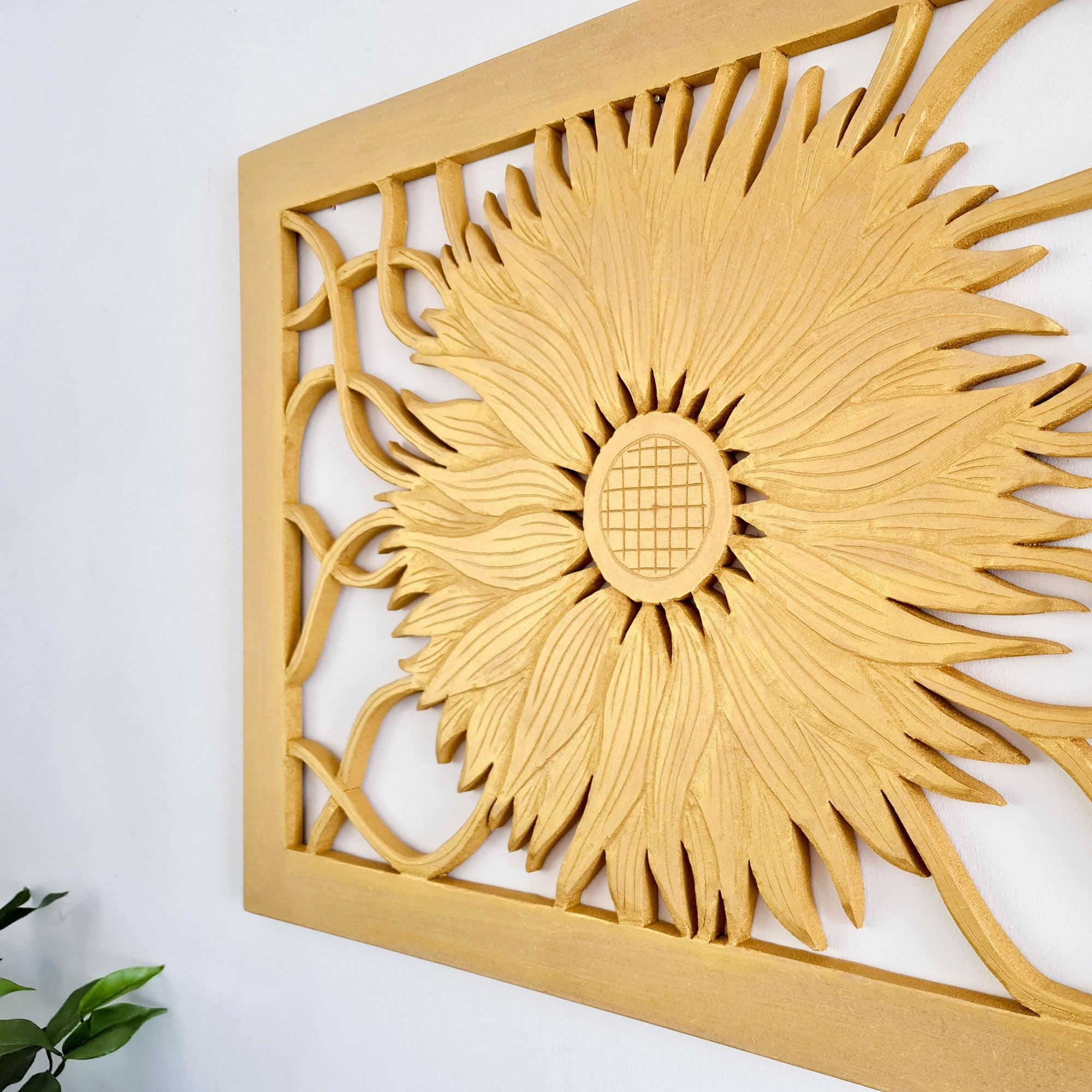Art Deco Golden Sunflower - Handmade Carved Wooden Wall Art Headboard