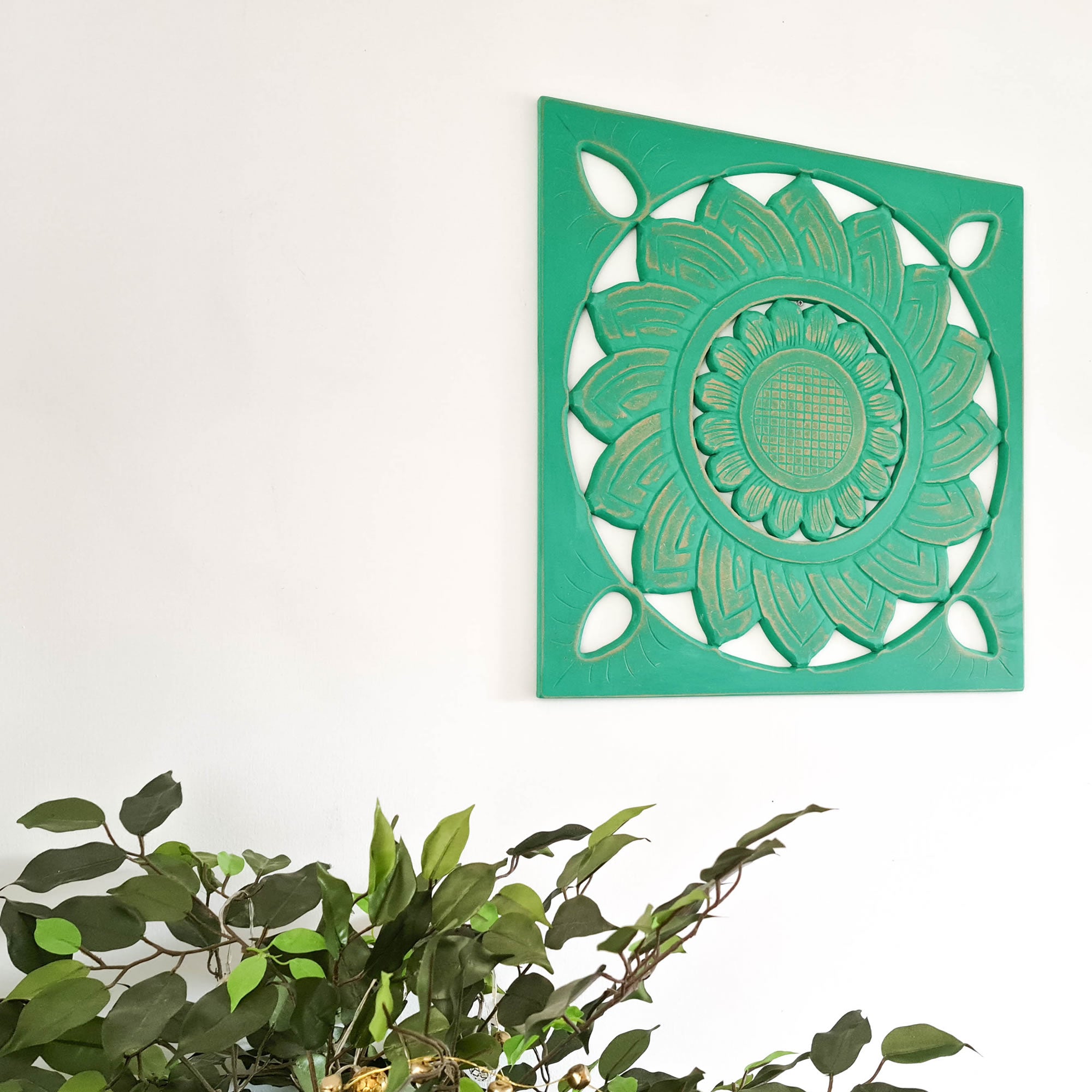 Hand Carved Wooden Wall Art - Square Decorative Mandala Turquoise