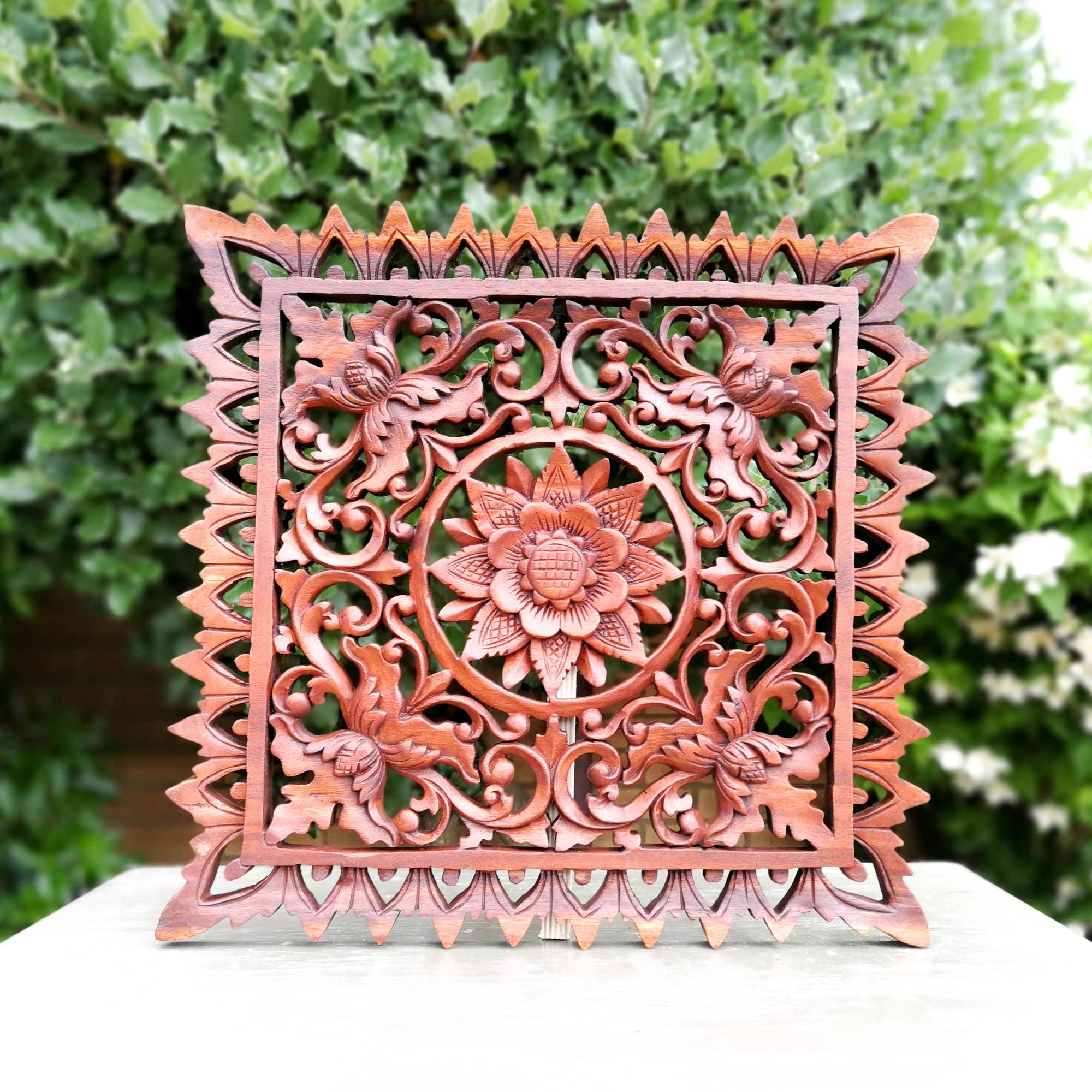 Hand Carved Wooden Decorative Panel Art Sculpture Mandala Yoga Square