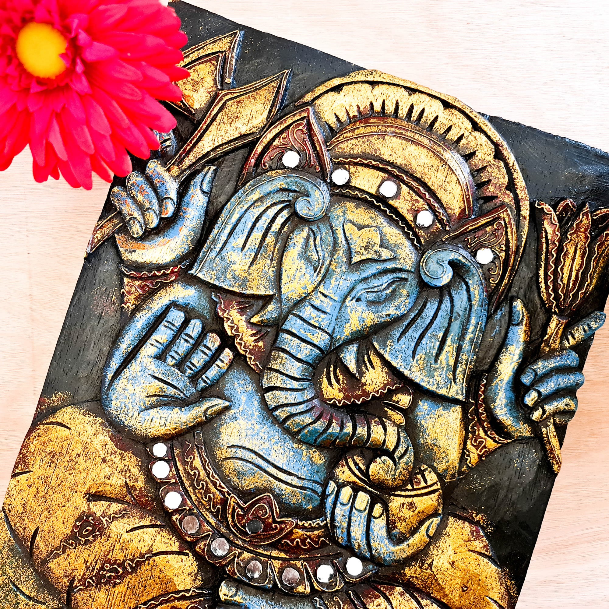 Hand Carved Painted Golden Ganesh Hindu God Mandir Wood Art Sculpture