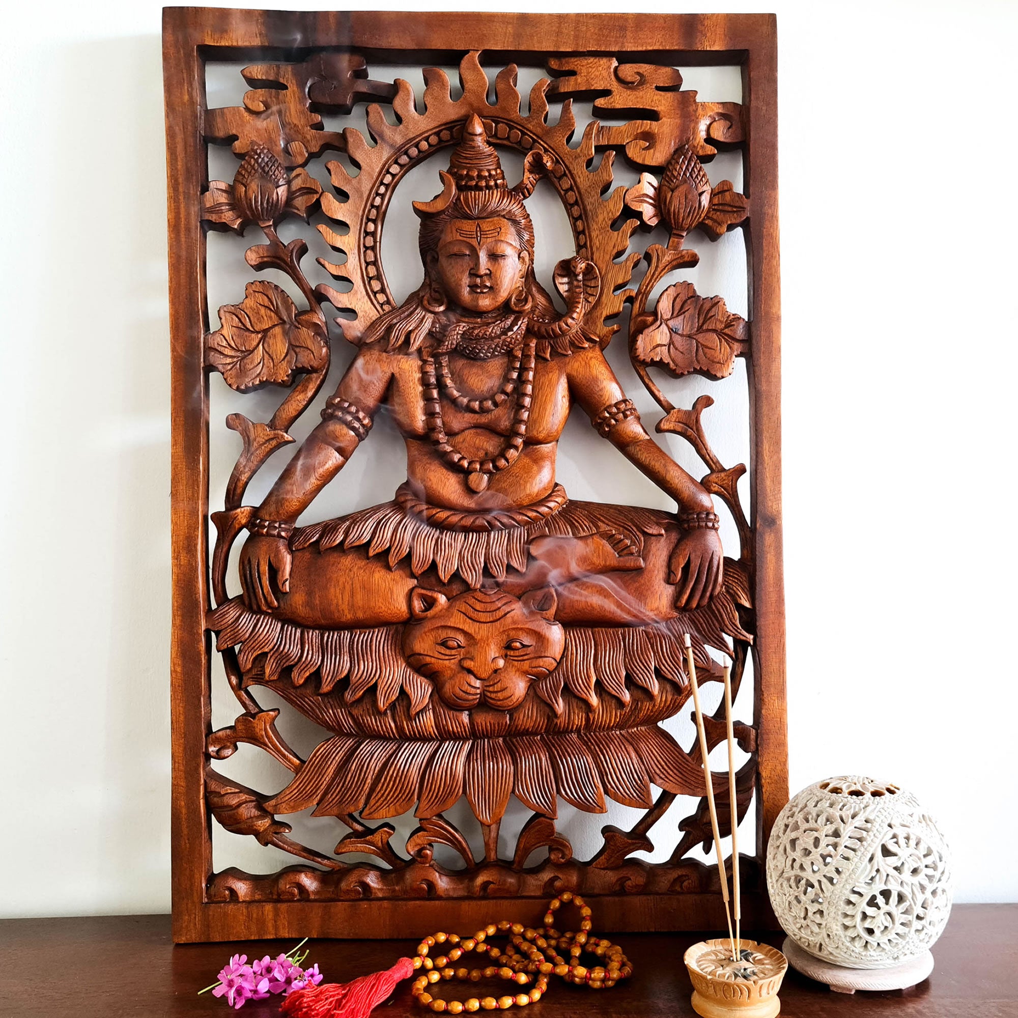 Lord Shiva Siva Carved Wooden Decorative Panel Sculpture Mandir Hindu Art Décor