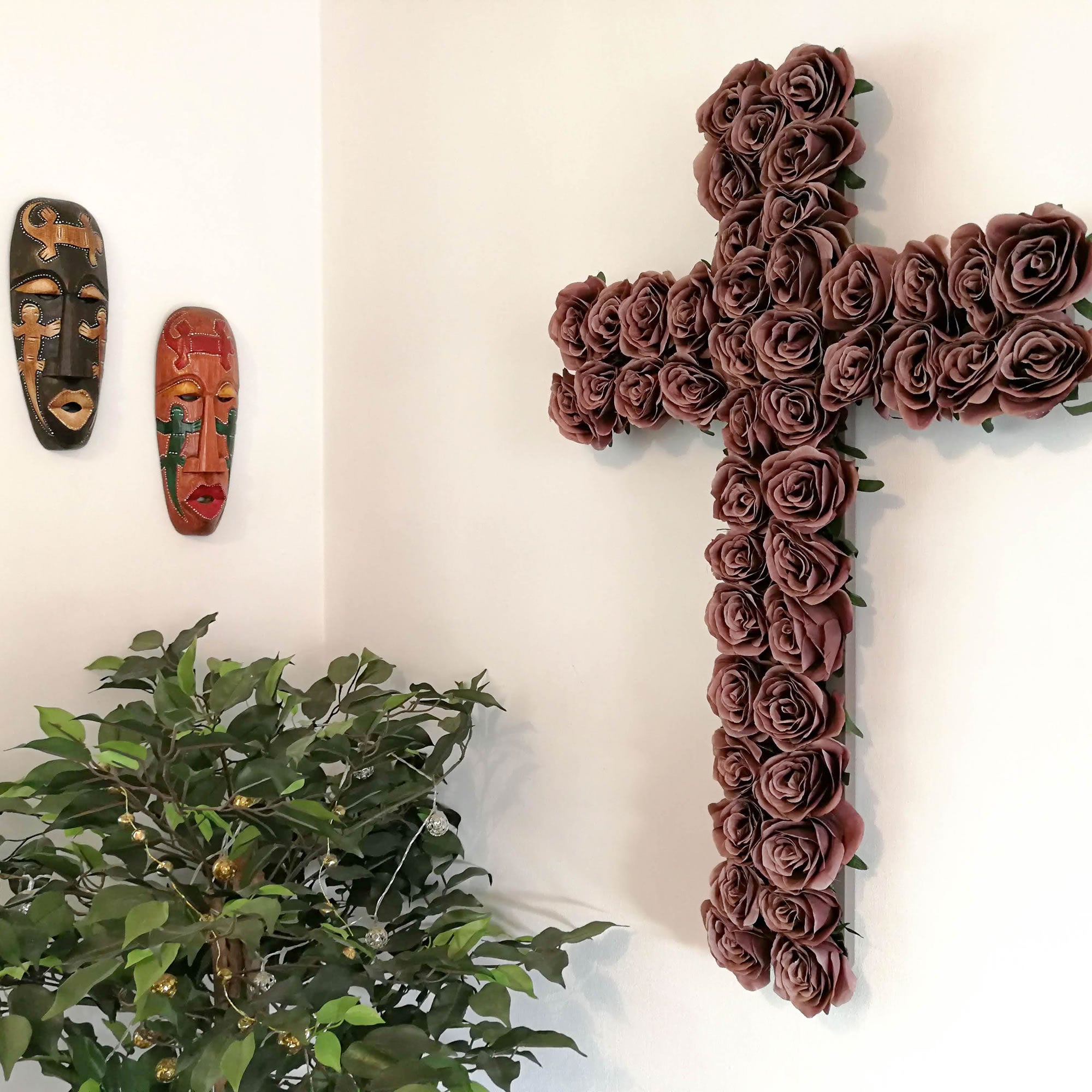 Decorative Christian Cross Wall Hanging - Jesus Religious Bohemian Style Silk Rose Flowers Church Cross