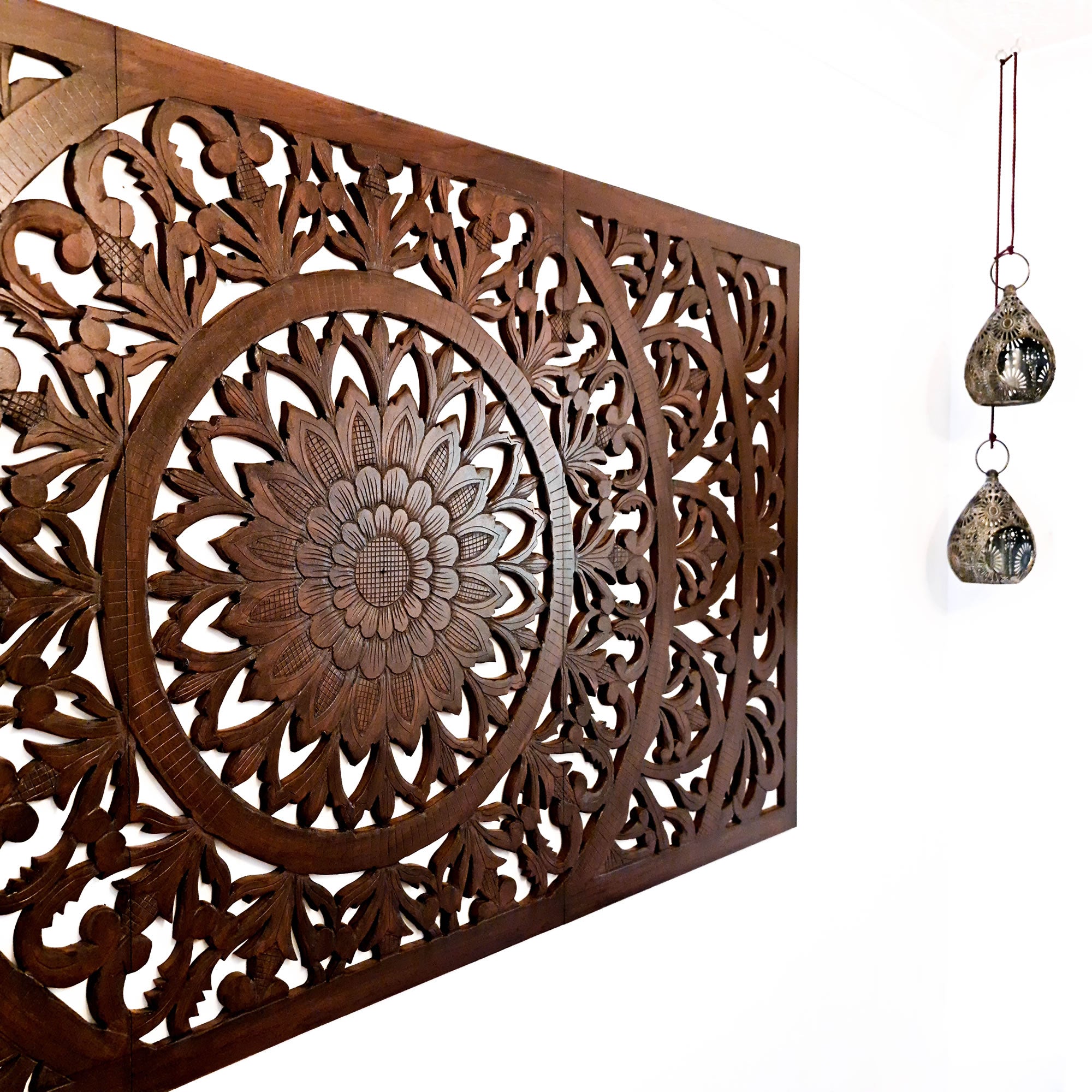 Hand Carved Wooden Decorative Wall Art Large King Headboard Mandala Sculpture