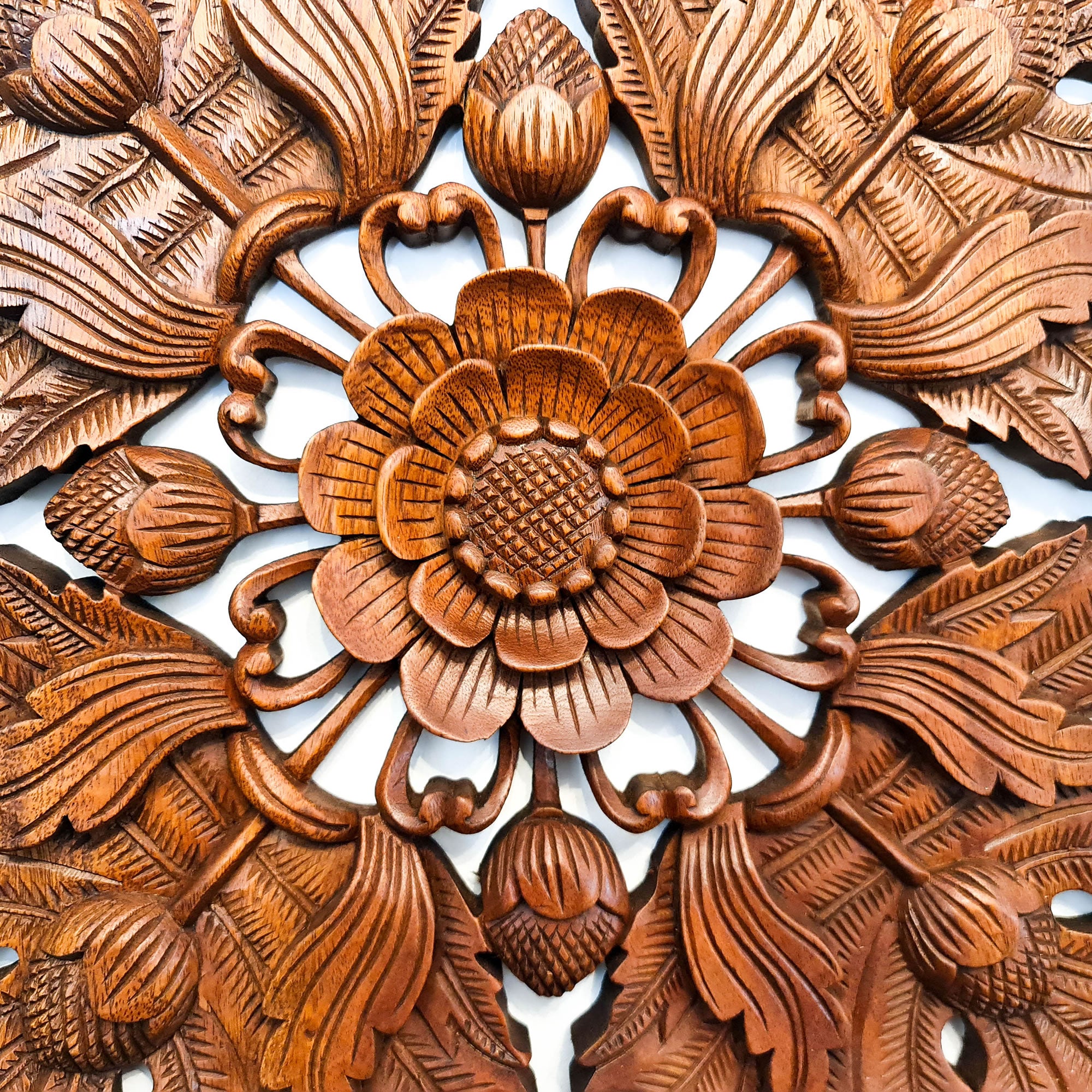Wild Lotus Flower Carved Wooden Hand Carved Decorative Panel Sculpture Nature Garden plants -Easternada