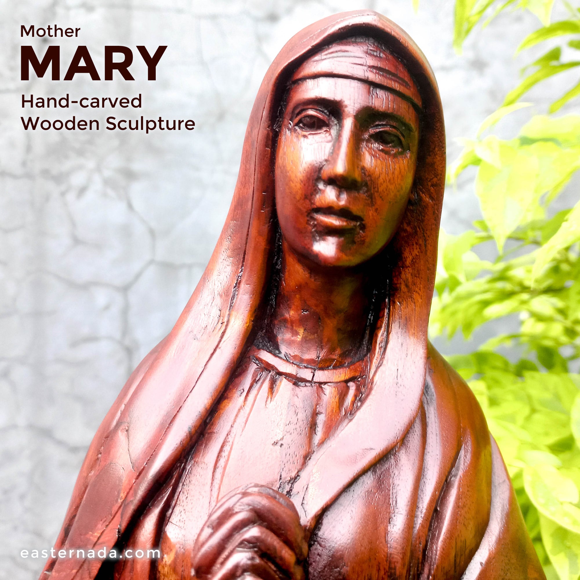 Hand-carved out of solid hardwood this sculpture is quite unique and rare. The image depicts the Virgin Mary with beautiful detail. A stunning Masterpiece. Bring home the blessings of Jesus and Mary. Gospel Christian Prayer. Bible. Easternada