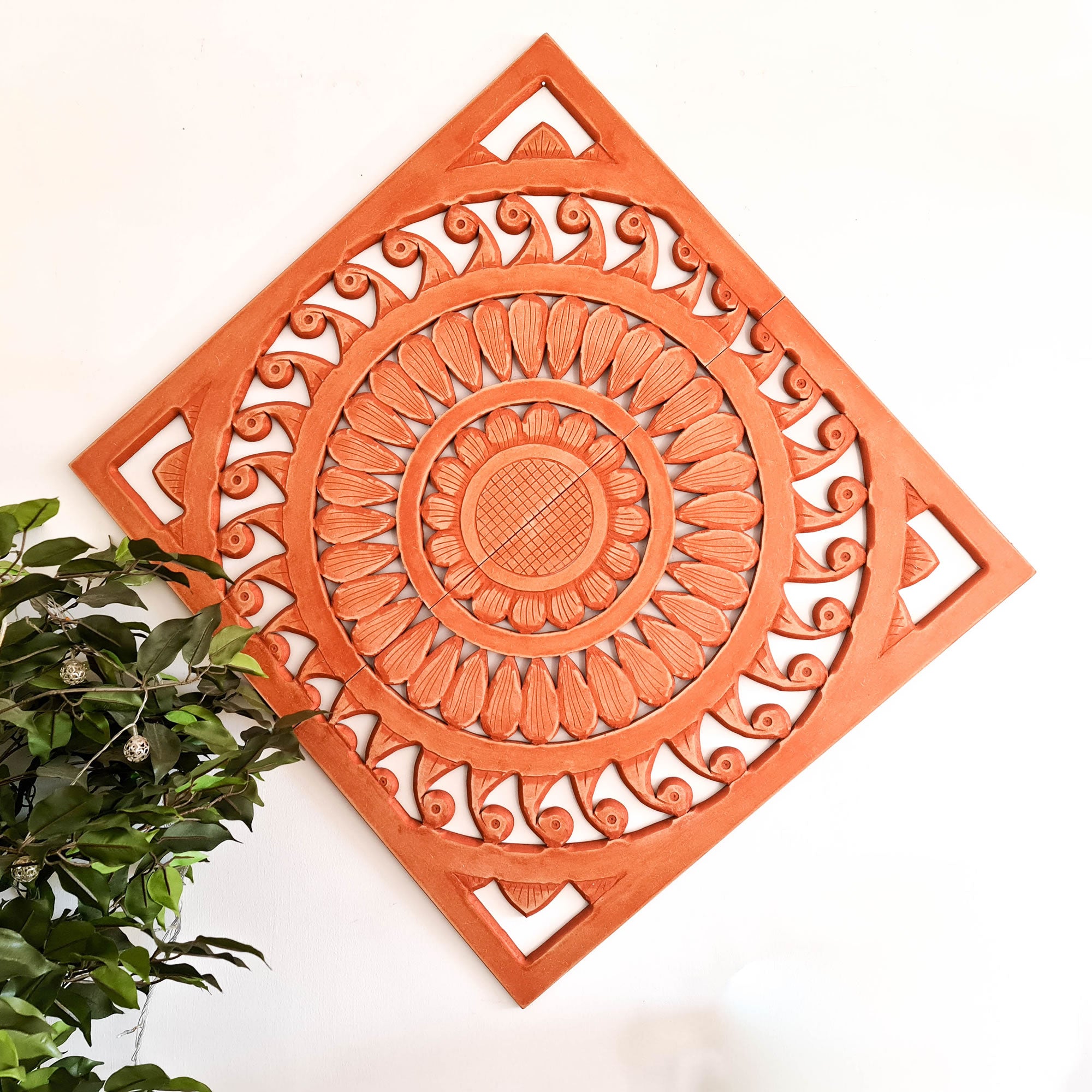 Hand Carved Wooden Wall Art - Large Decorative Mandala Rustic Copper Headboard Sculpture