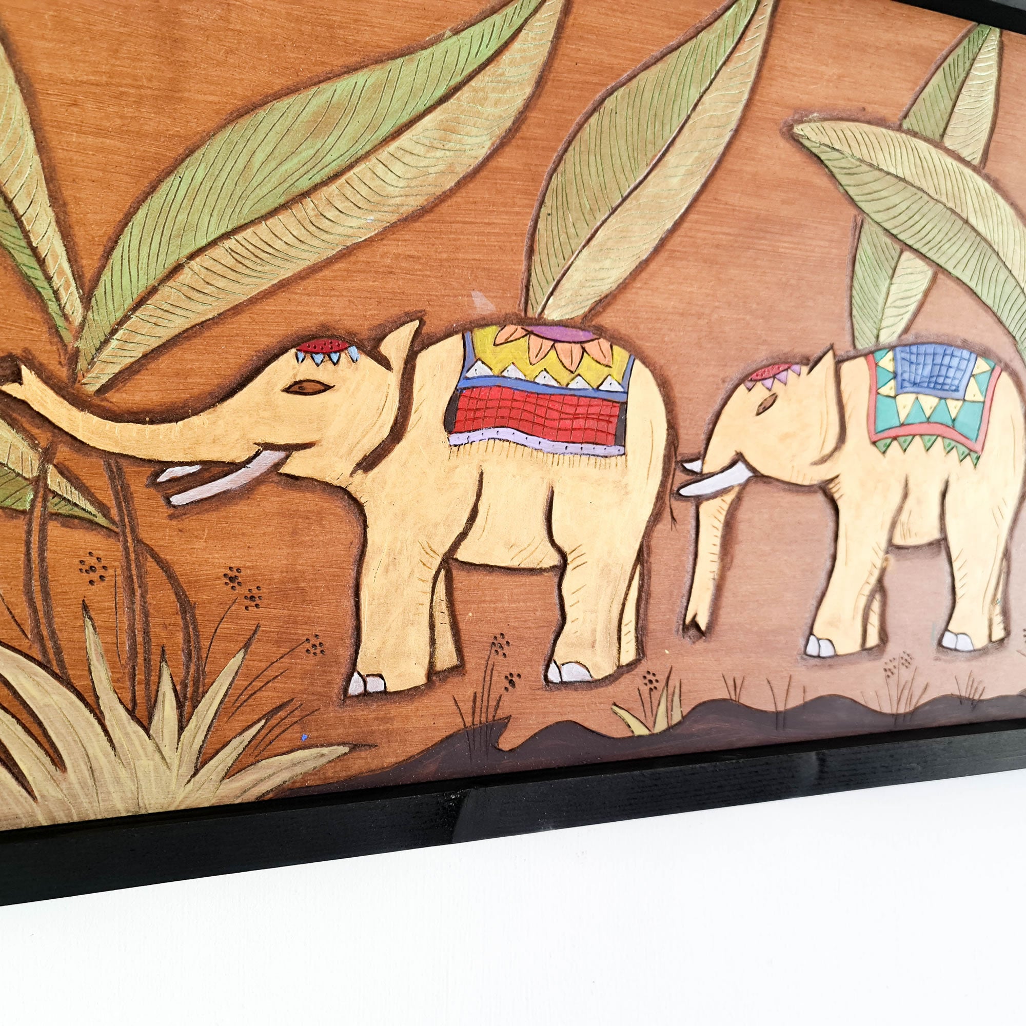 Golden Jungle African Elephants - Hand Carved Wooden Wall Art
