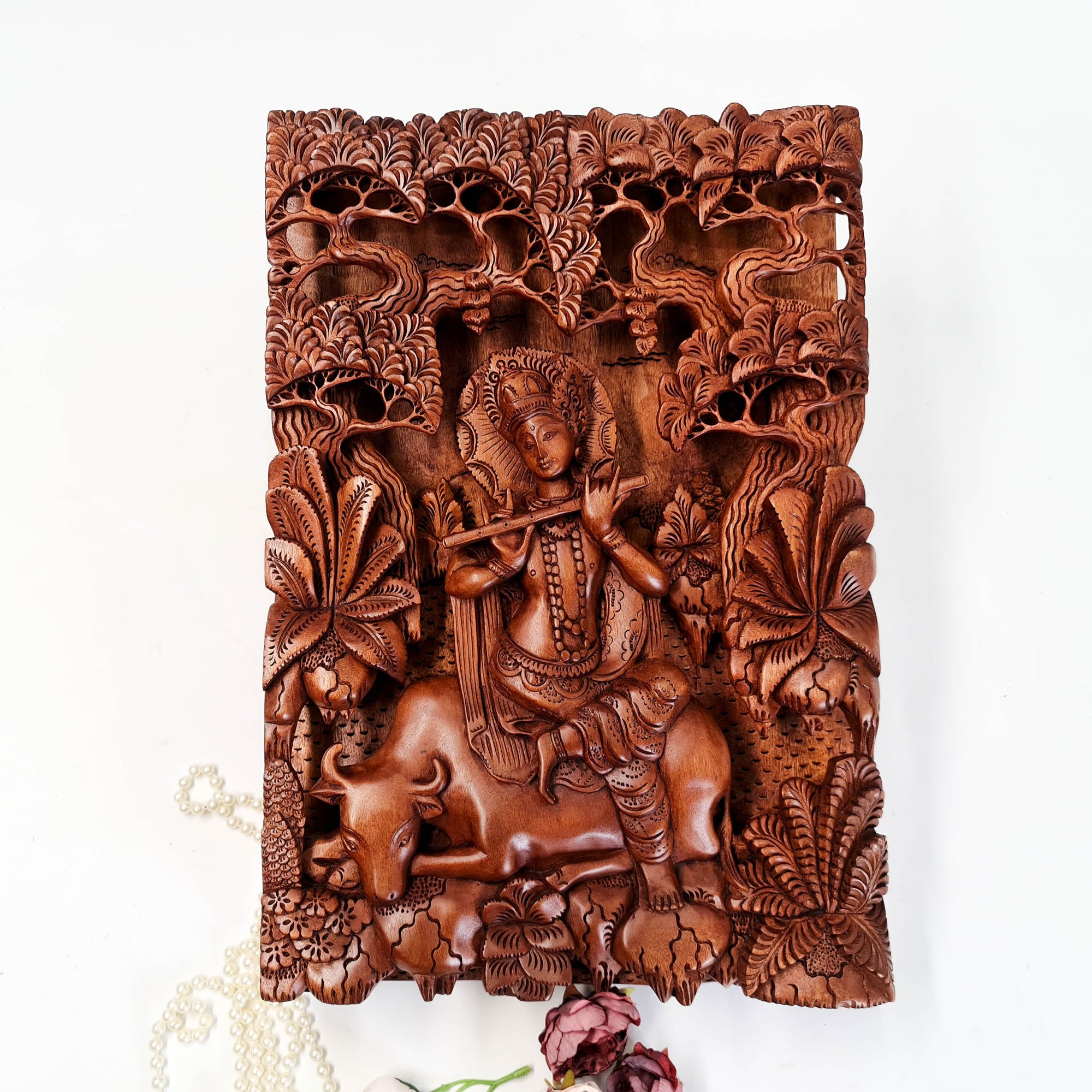 Hand Carved Wooden Hindu God - Hare Krishna Hindu Mandir Sculpture